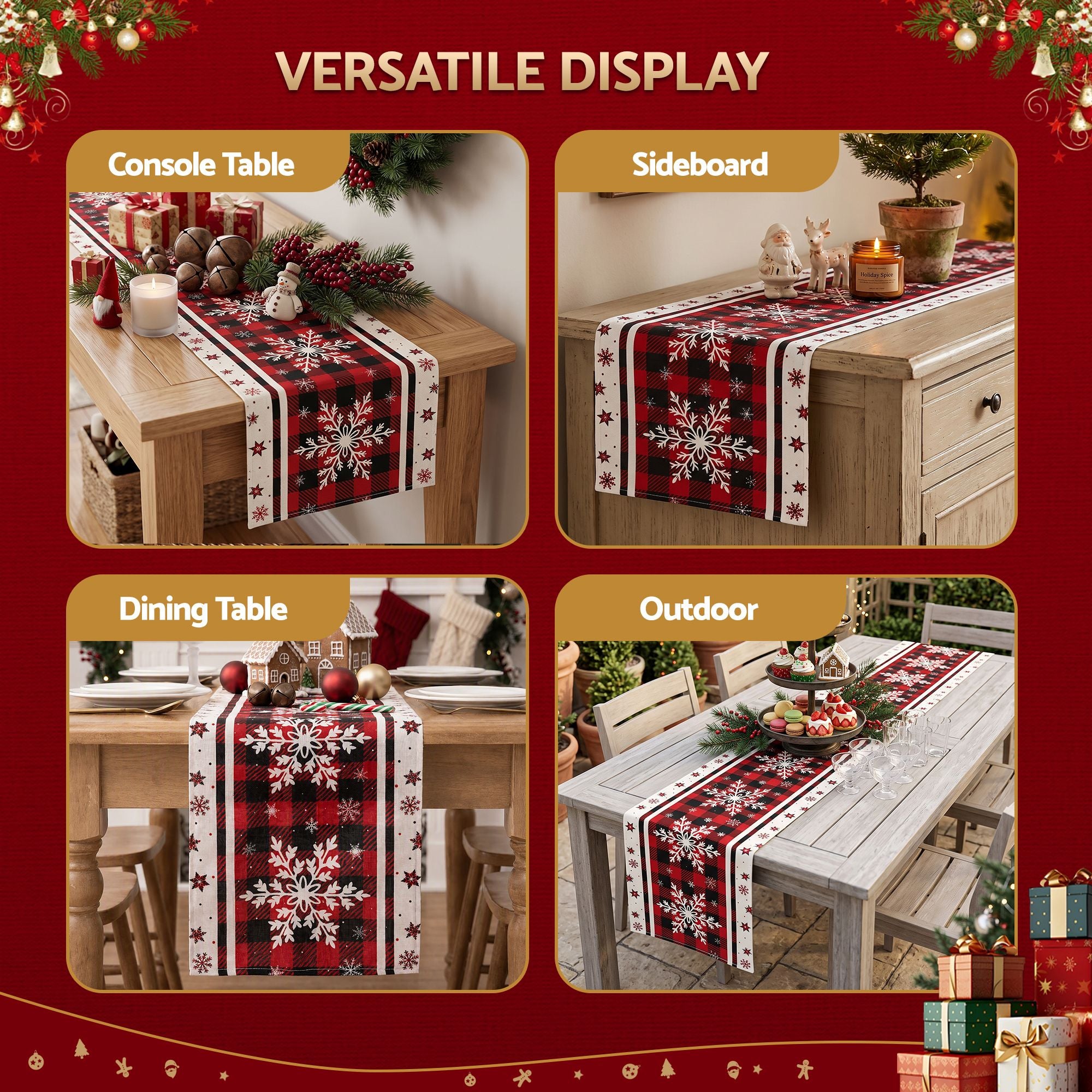 Christmas Table Runner 190x32cm Snowflake Plaid - Red