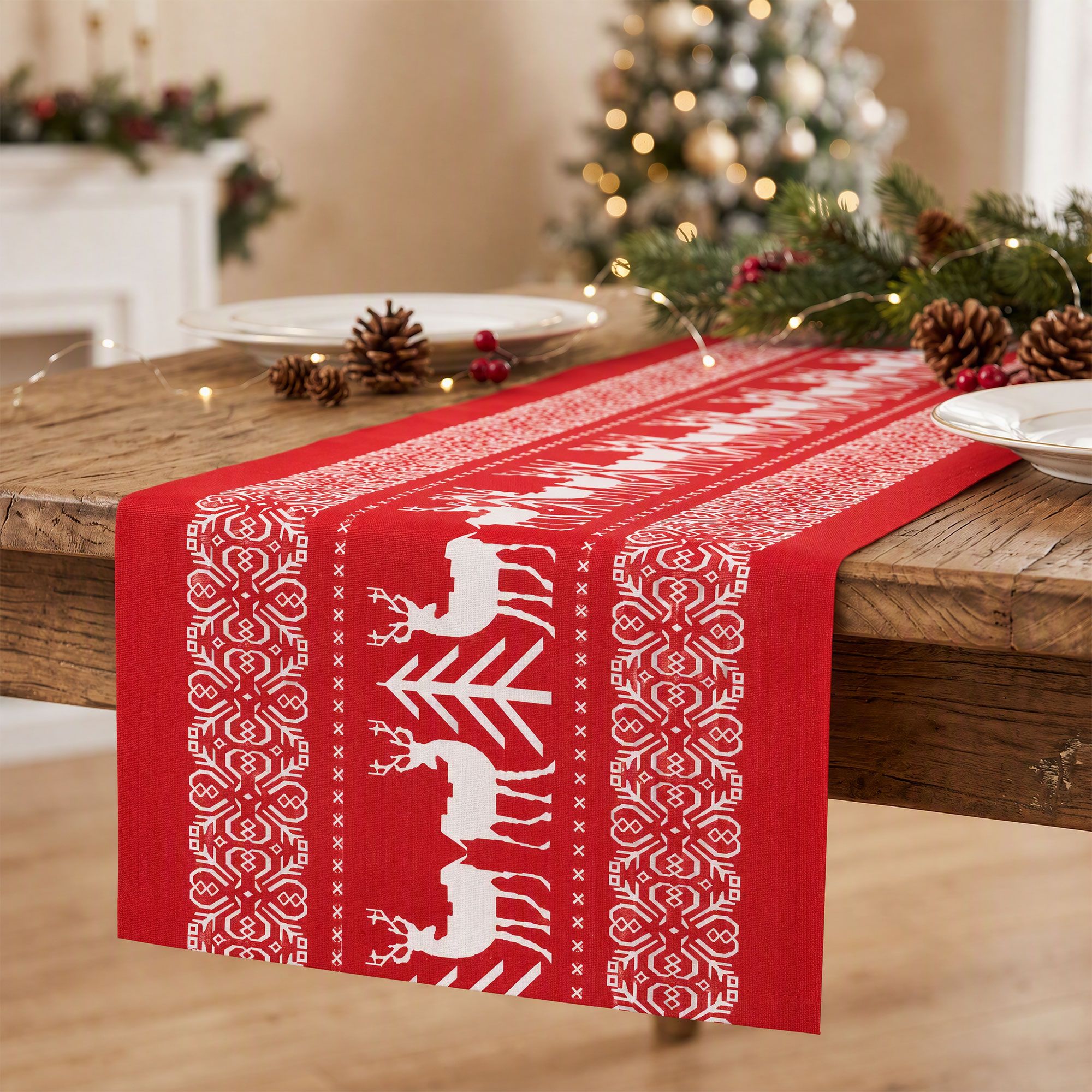 Christmas Table Runner 270x28cm Reindeer - Red