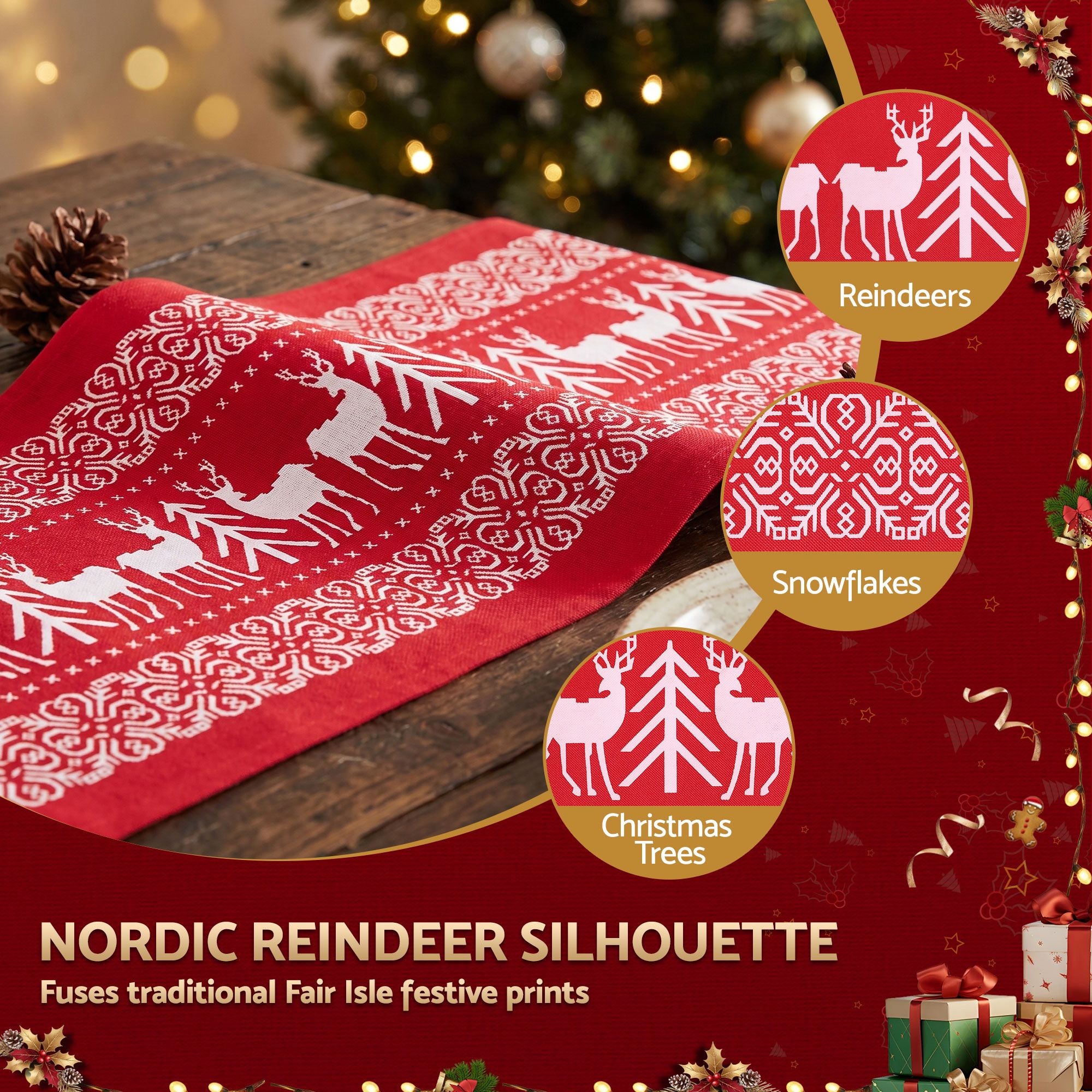 Christmas Table Runner 270x28cm Reindeer - Red