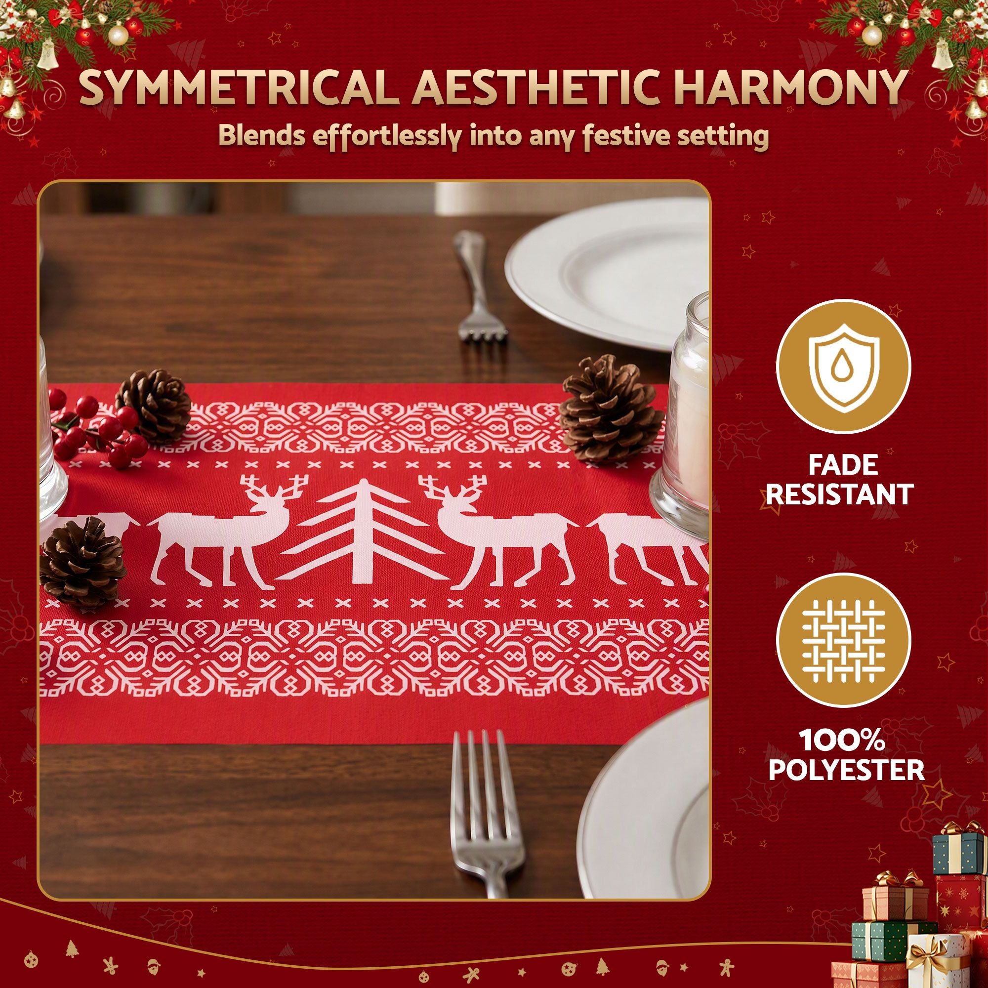 Christmas Table Runner 270x28cm Reindeer - Red