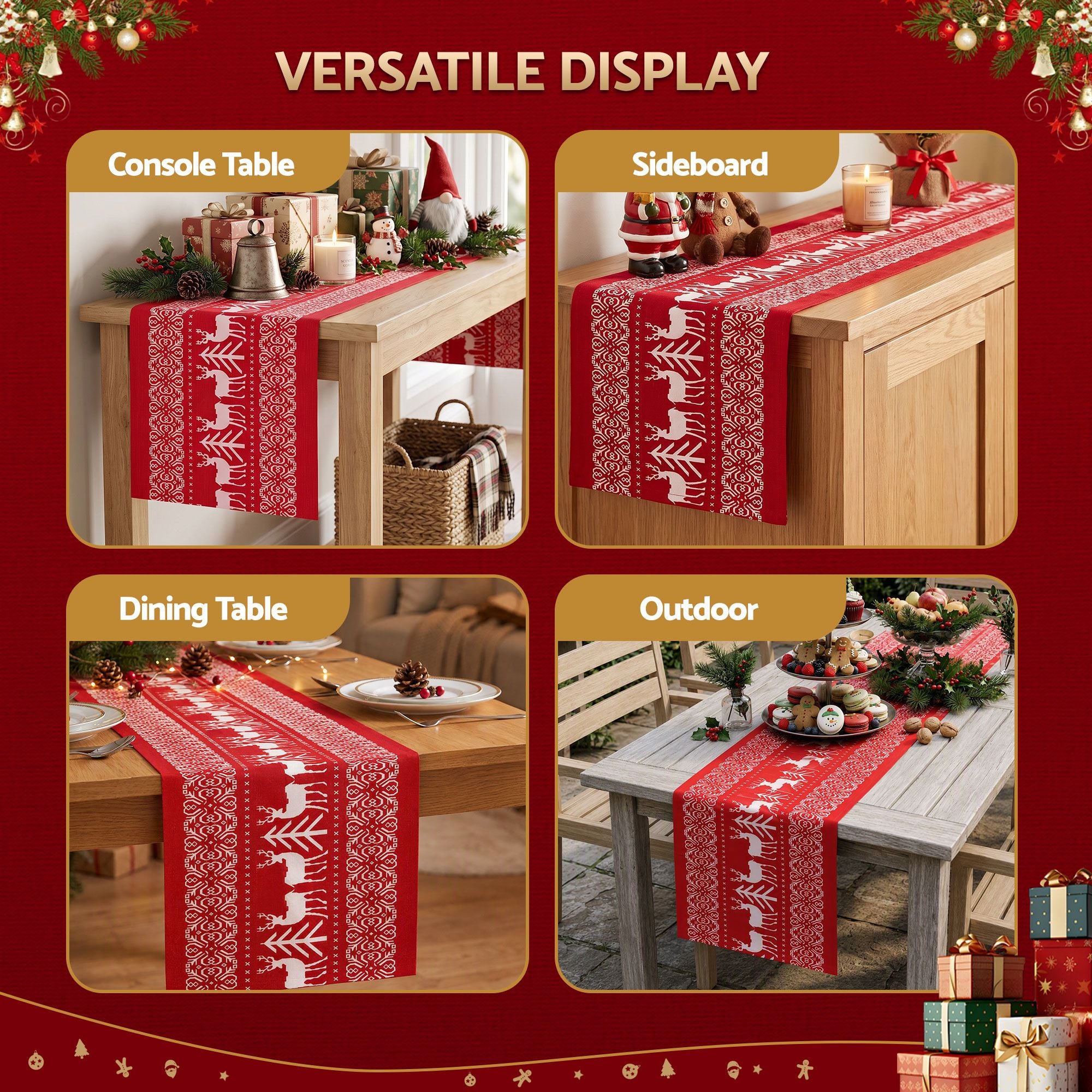 Christmas Table Runner 270x28cm Reindeer - Red
