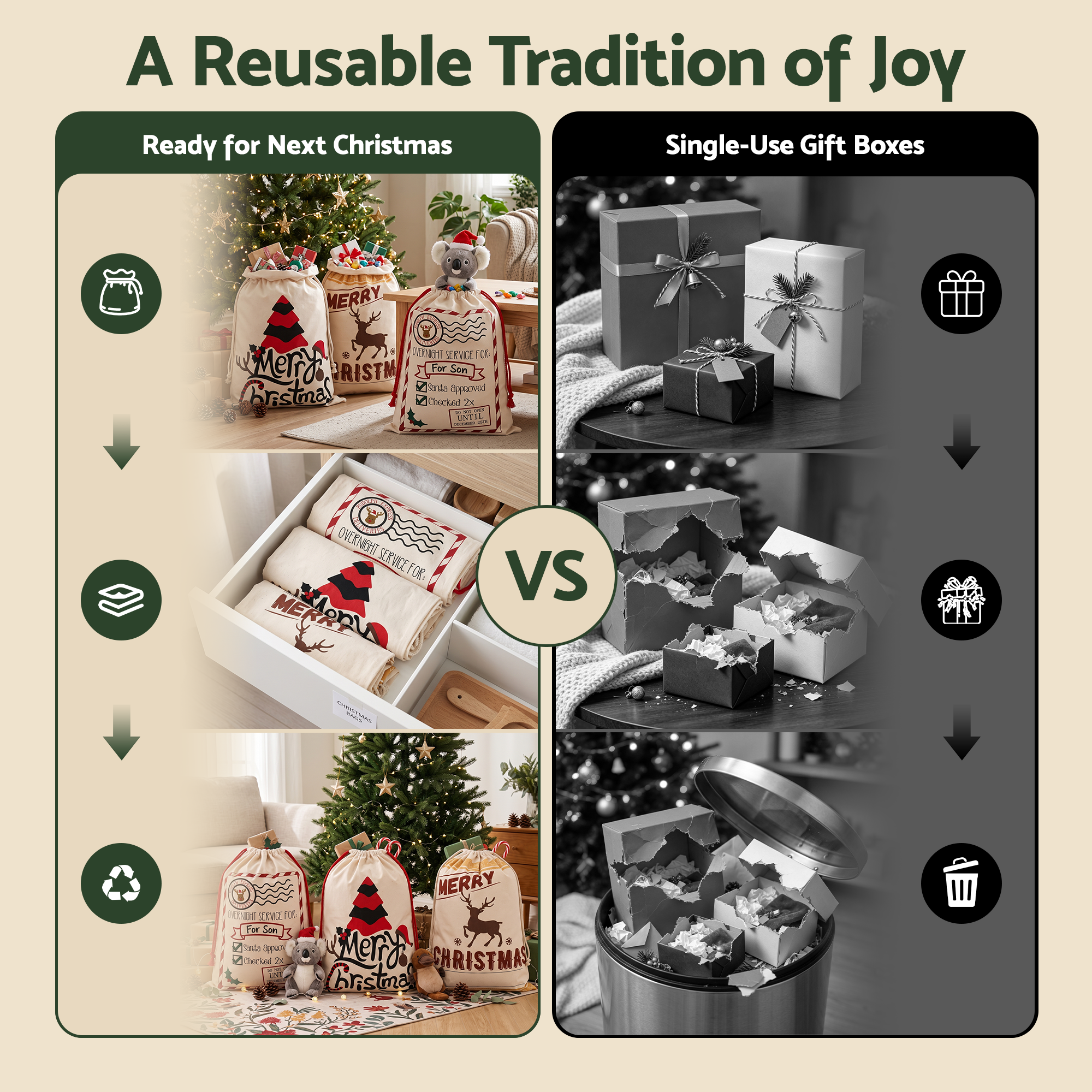 3PC Christmas Santa Sack Set - 70 x 50cm