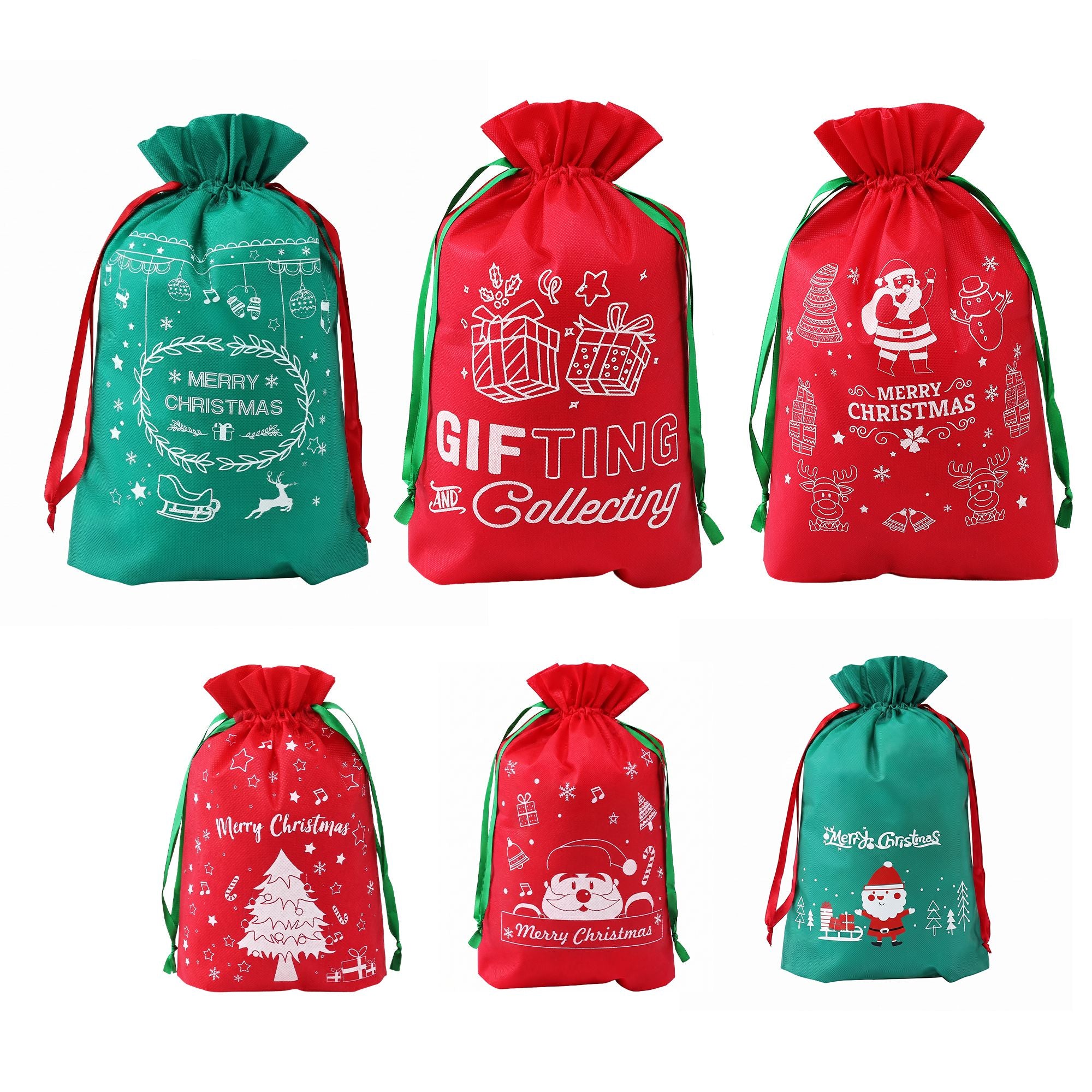 6PC Christmas Santa Sack Gift Bags Set - 2 Sizes