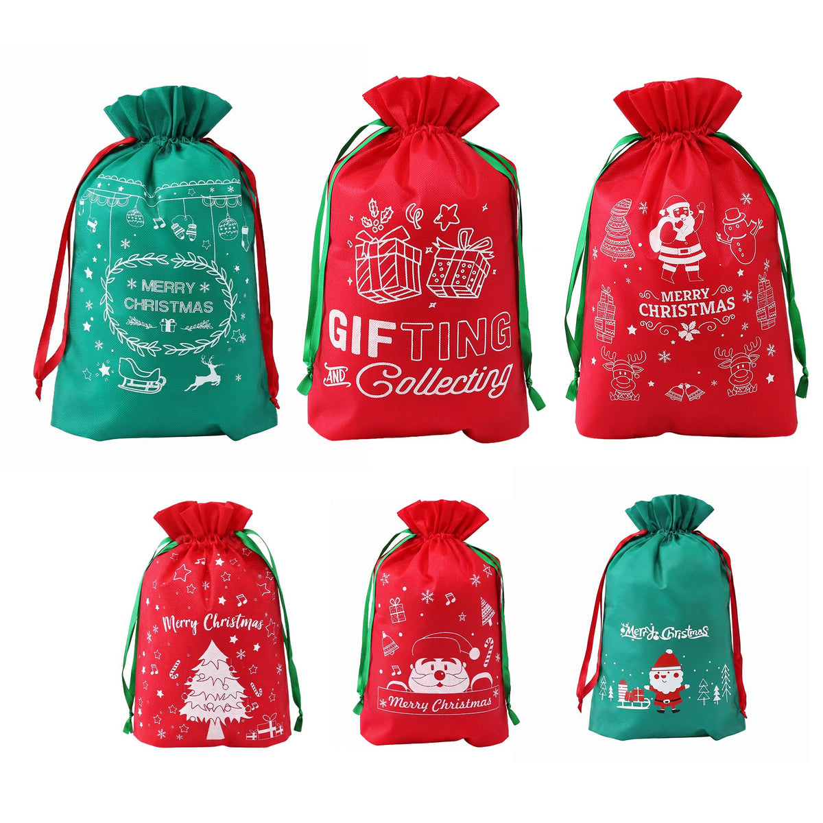 6PC Christmas Santa Sack Gift Bags Set - 2 Sizes