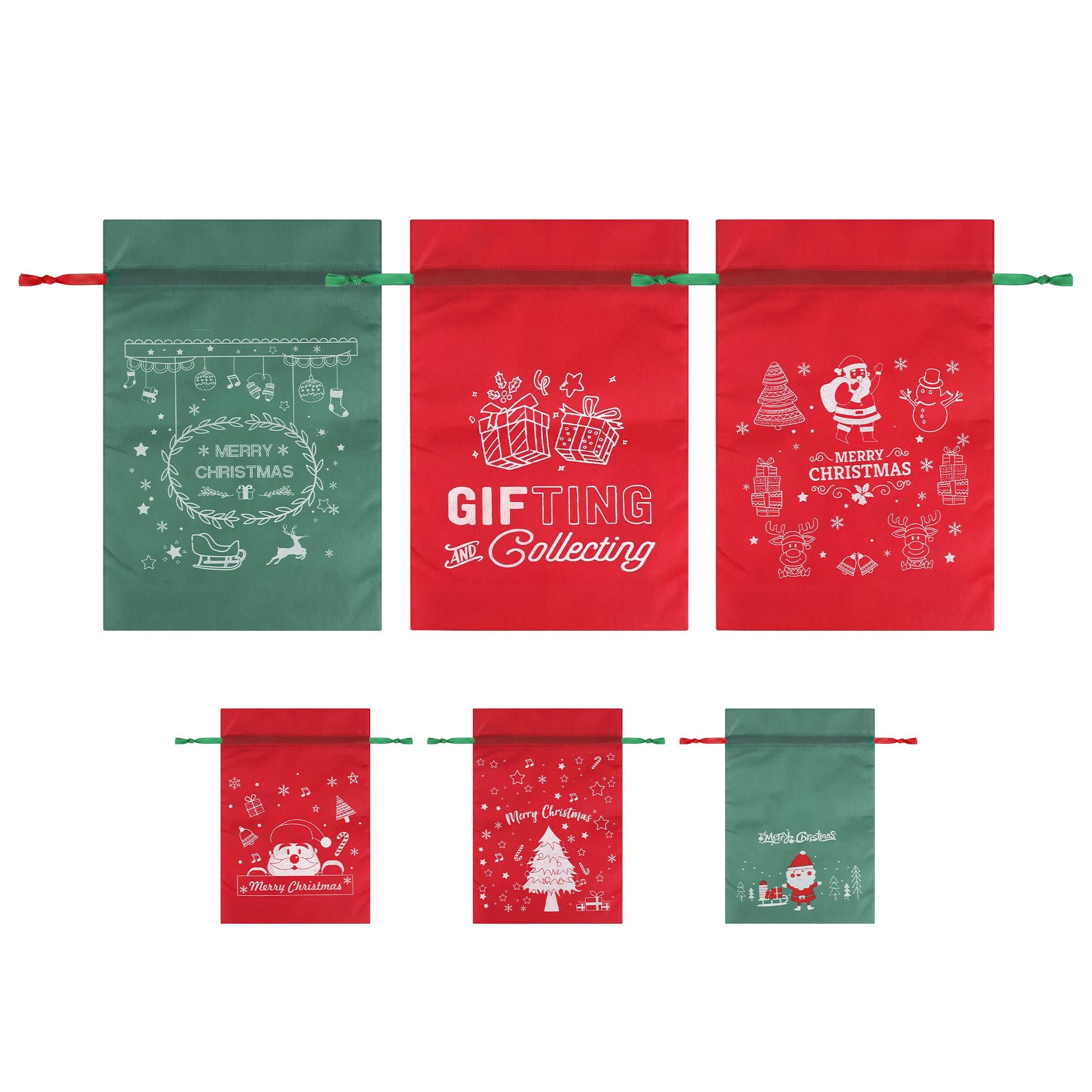 6PC Christmas Santa Sack Gift Bags Set - 2 Sizes