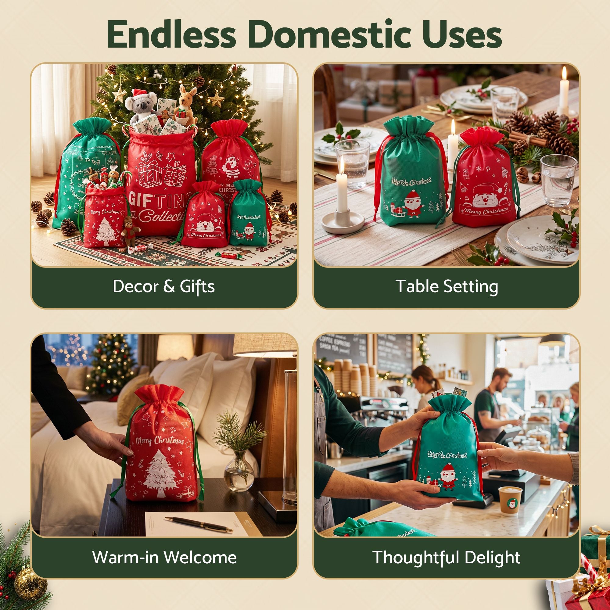 6PC Christmas Santa Sack Gift Bags Set - 2 Sizes