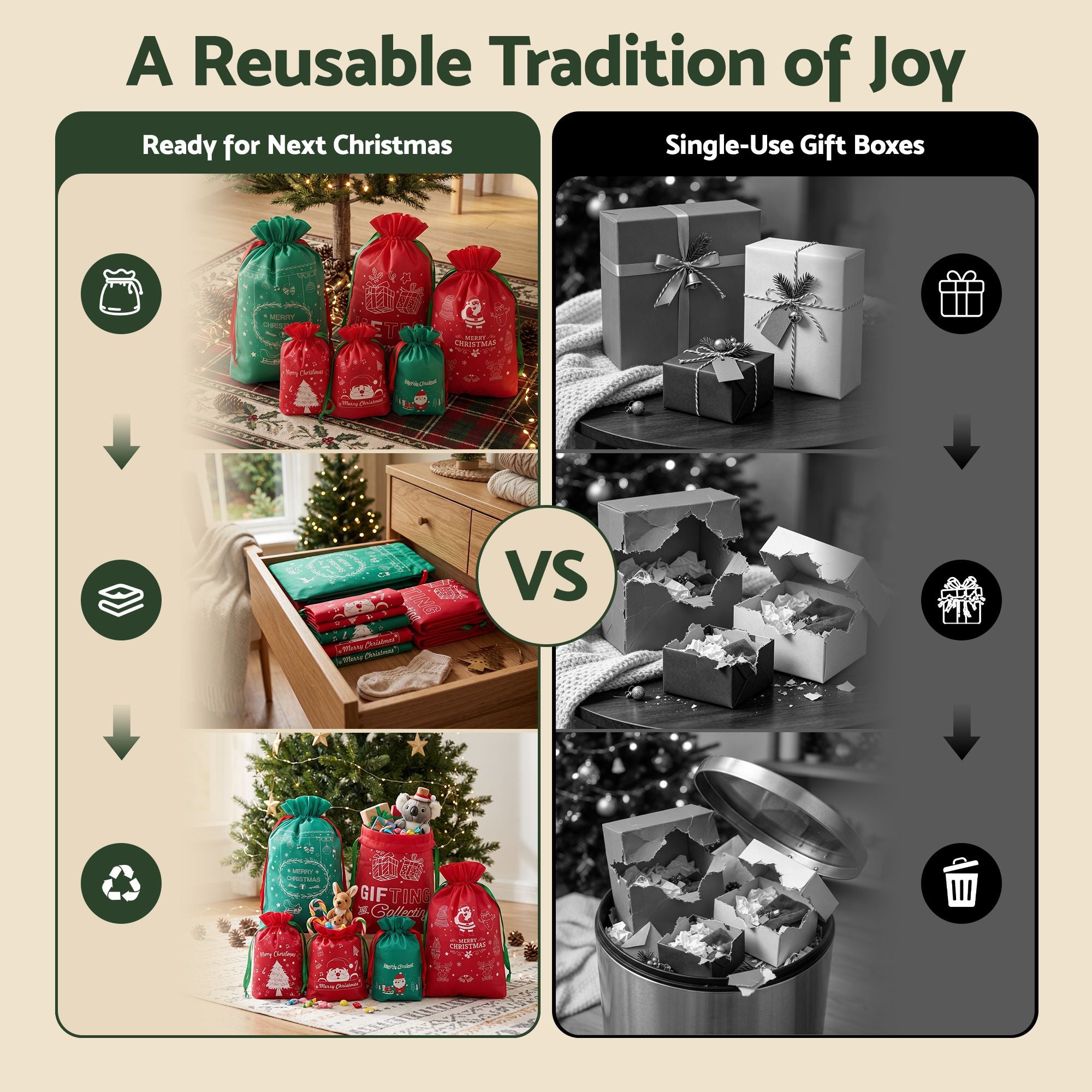 6PC Christmas Santa Sack Gift Bags Set - 2 Sizes