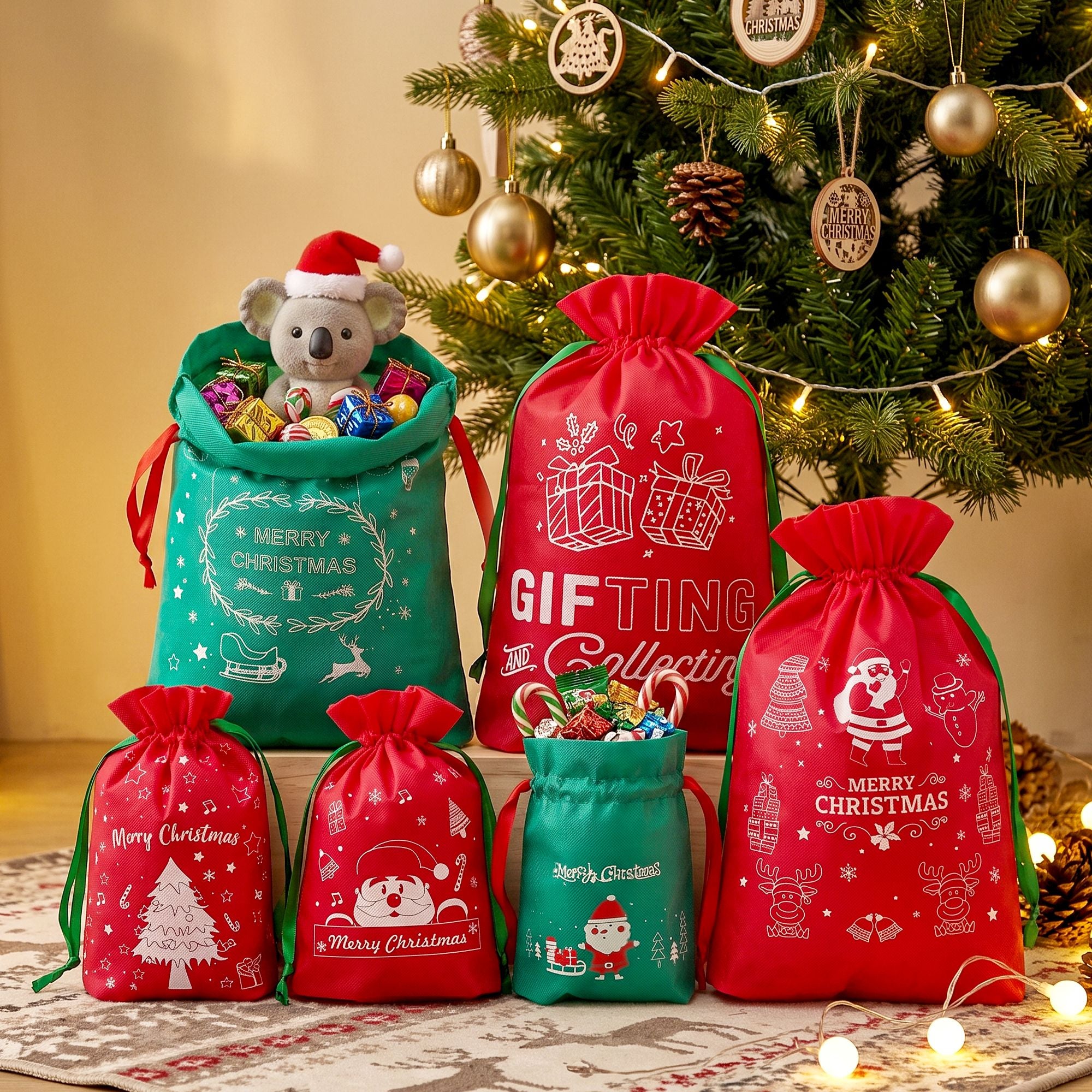 6PC Christmas Santa Sack Gift Bags Set - 2 Sizes