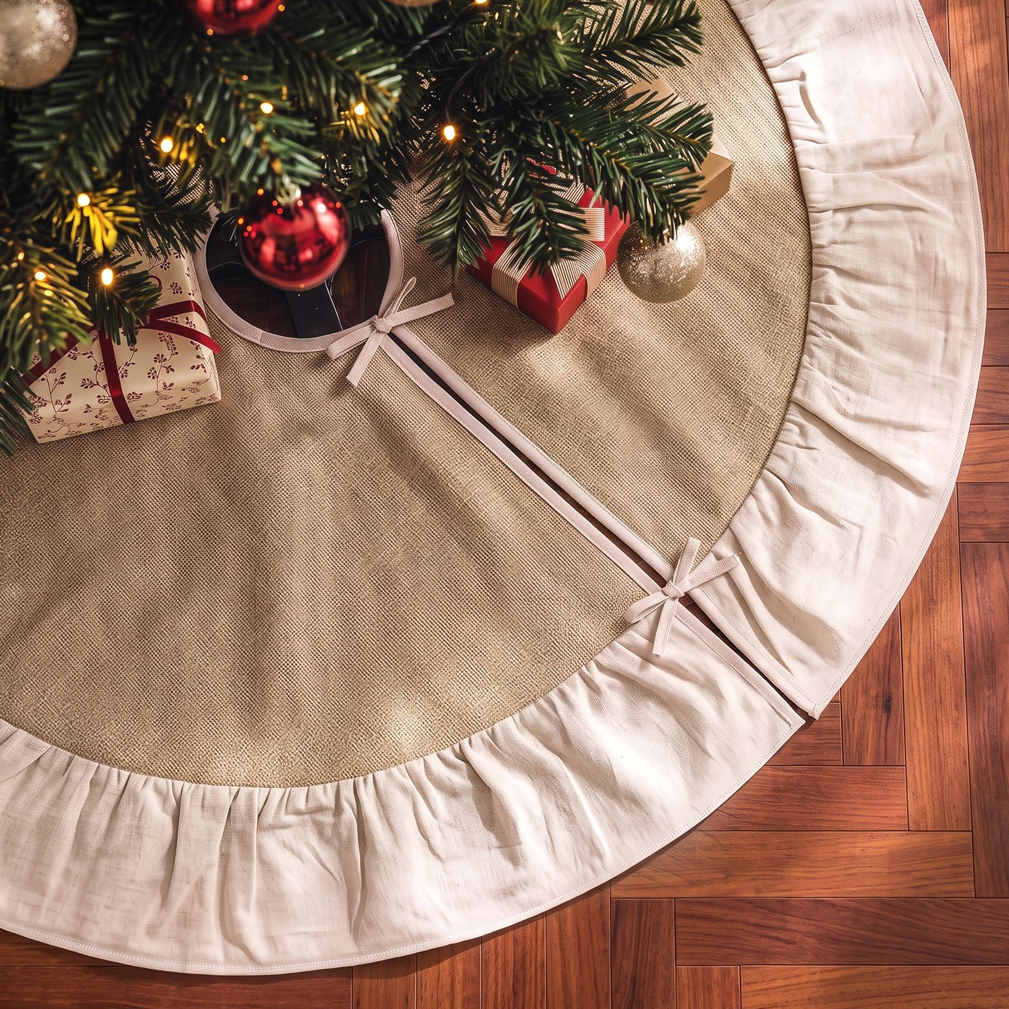 90cm Linen Christmas Tree Skirt - Natural