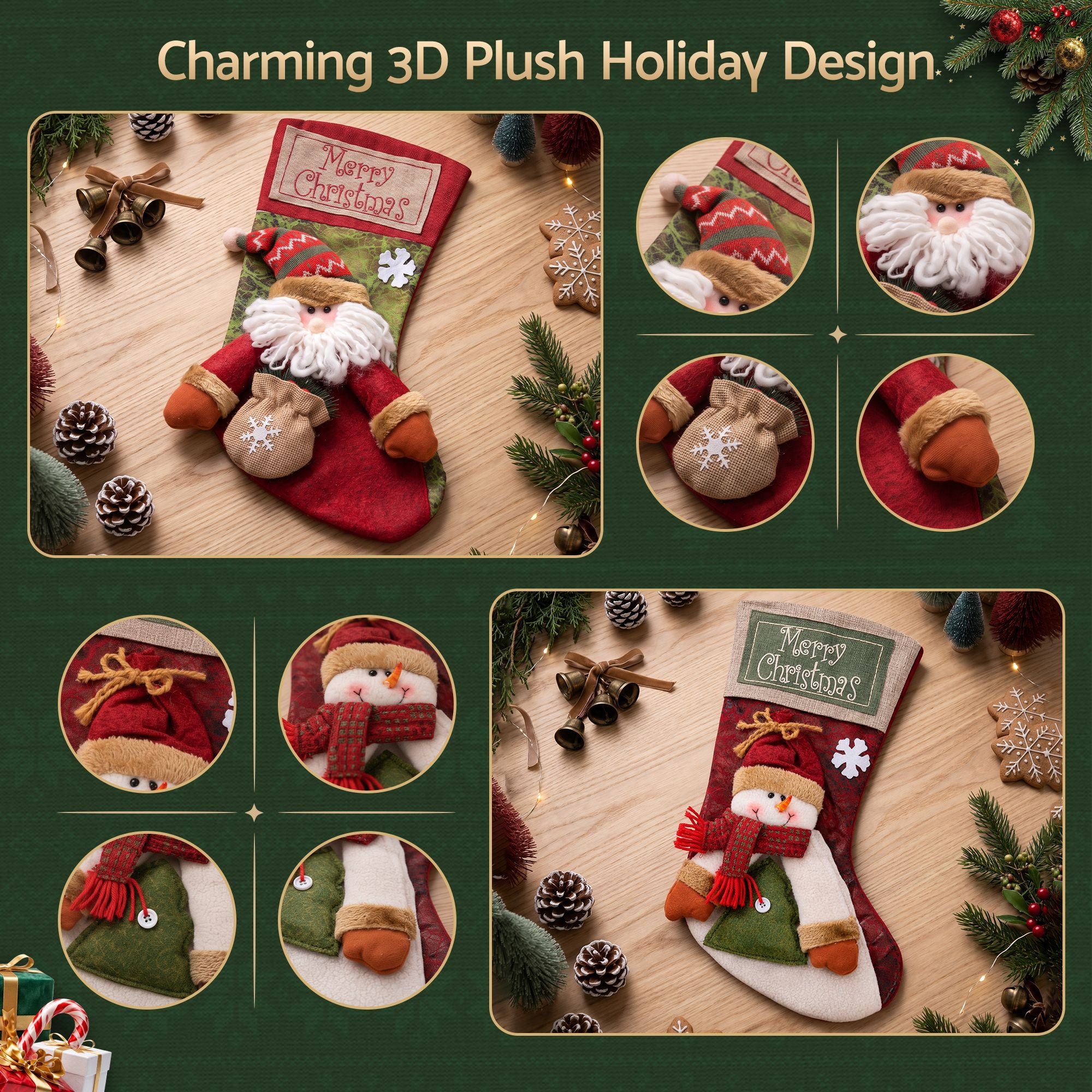 2PC Santa & Snowman 3D Plush Christmas Stockings