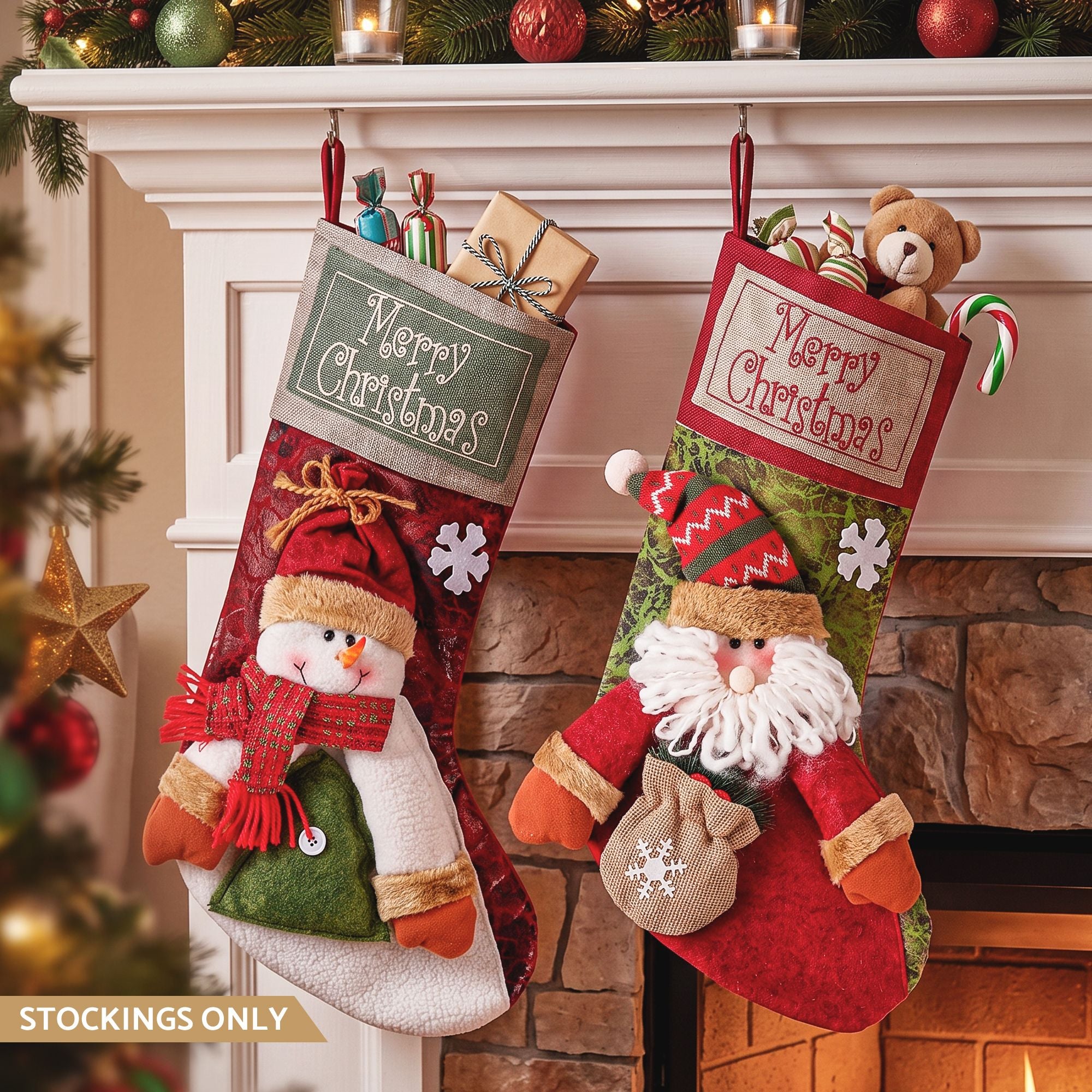 2PC Santa & Snowman 3D Plush Christmas Stockings