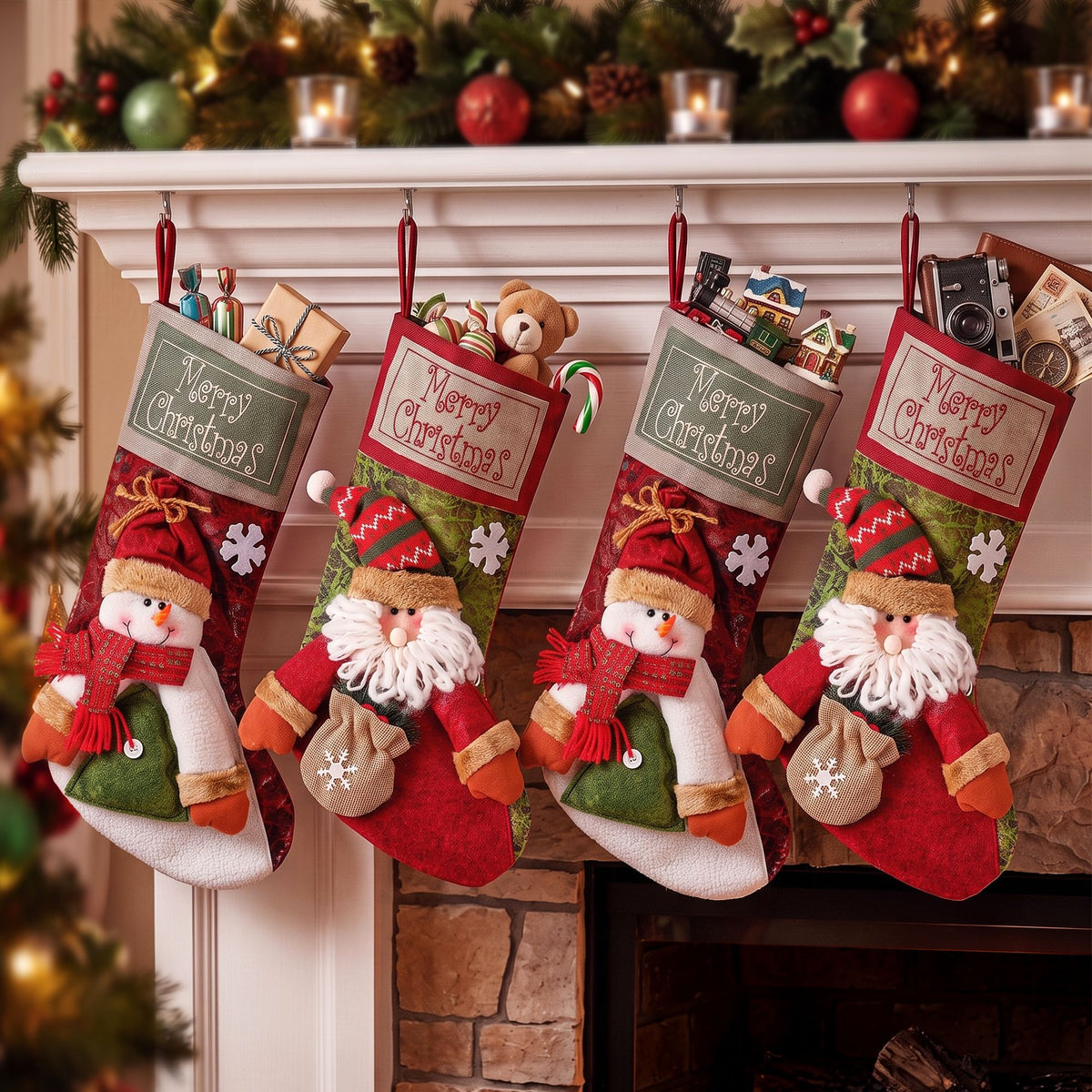 Jingle Jollys 4PCS Christmas Stockings Large 3D Plush Santa Snowman 43.5cm Christmas Decor for Family Holiday Christmas Party Decorations - Homecoze