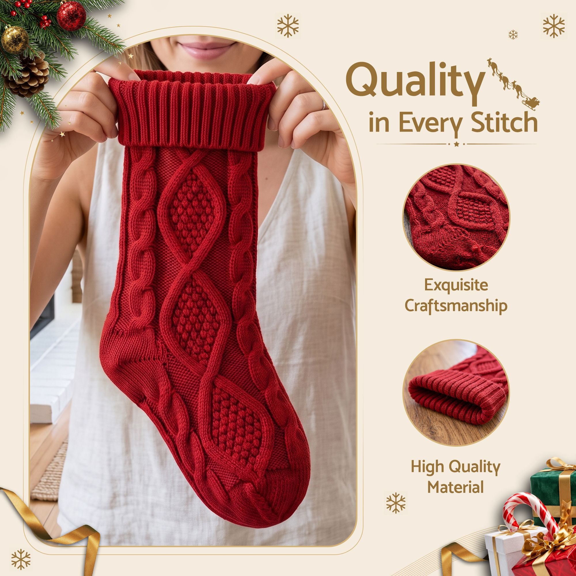 3PC Knitted Christmas Stockings - Red, Green & White