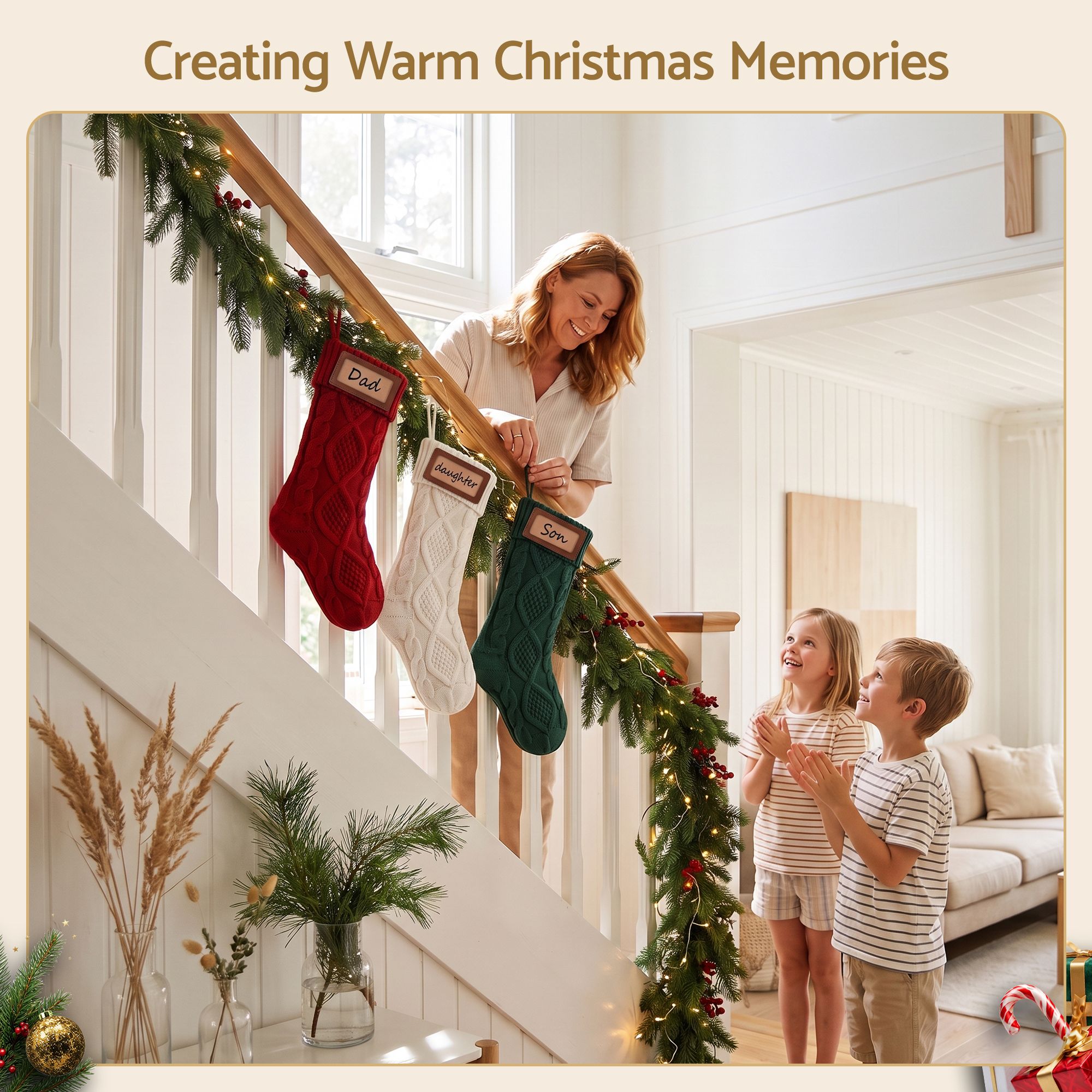 3PC Knitted Christmas Stockings - Red, Green & White