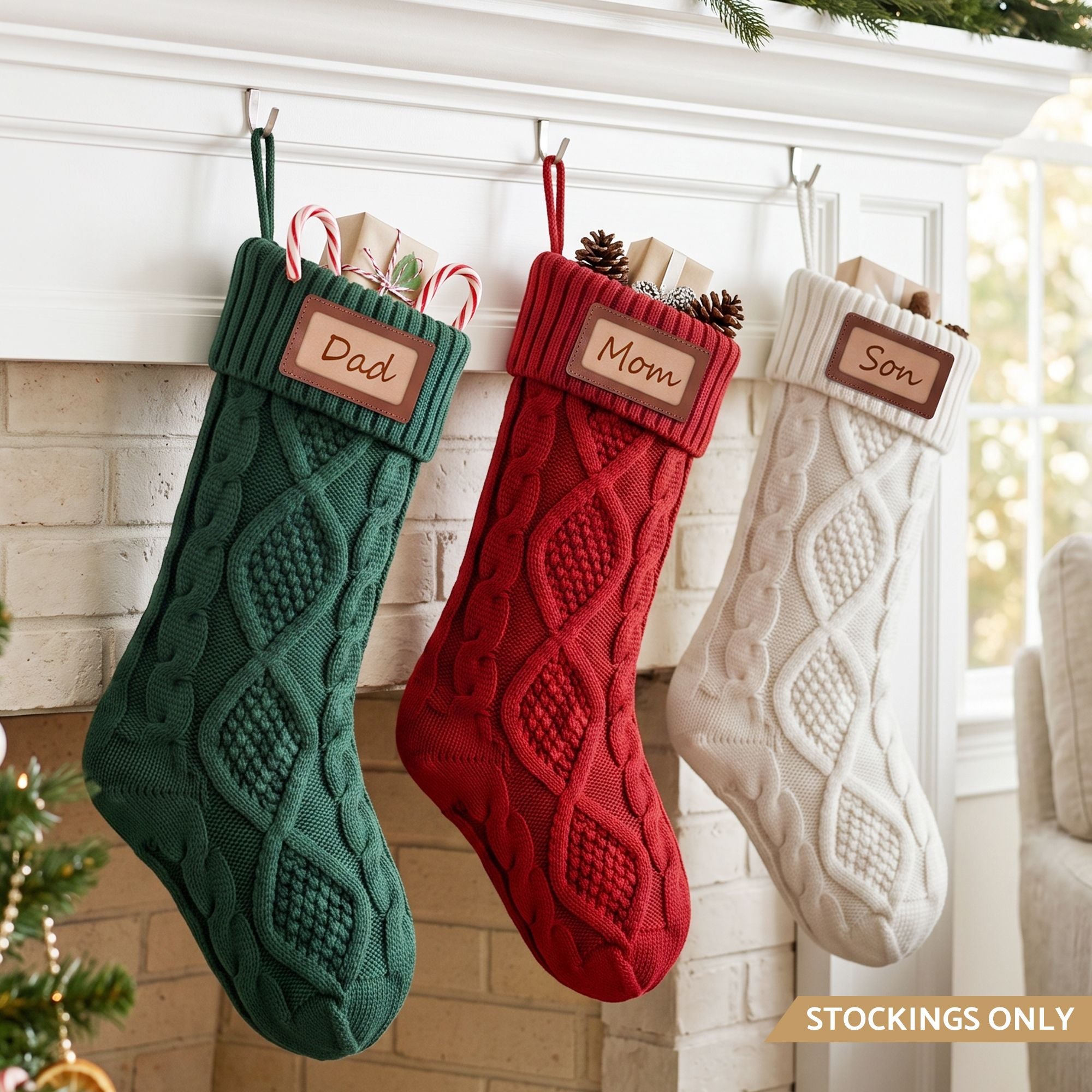 3PC Knitted Christmas Stockings - Red, Green & White