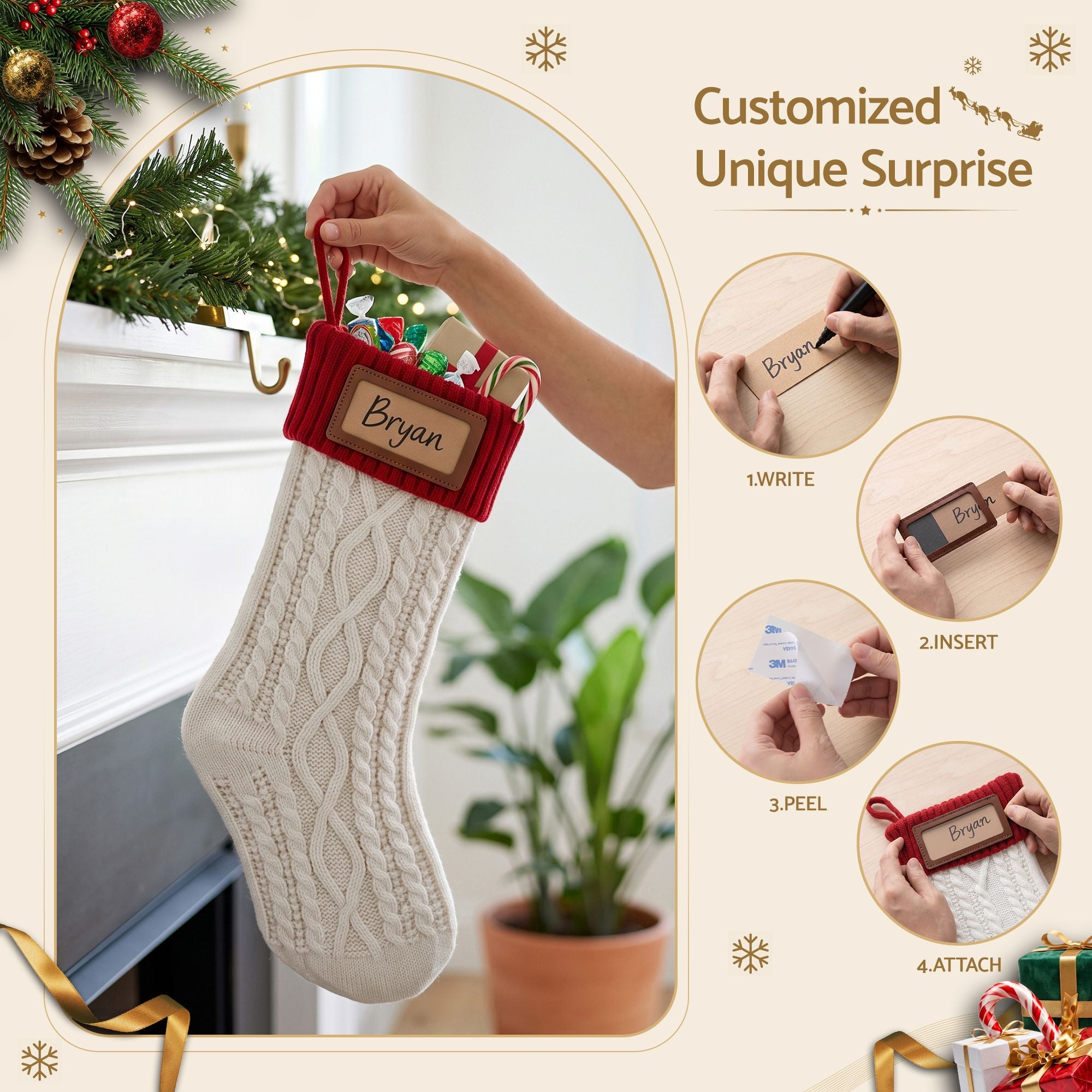 3PC Knitted Christmas Stockings with Name Patches