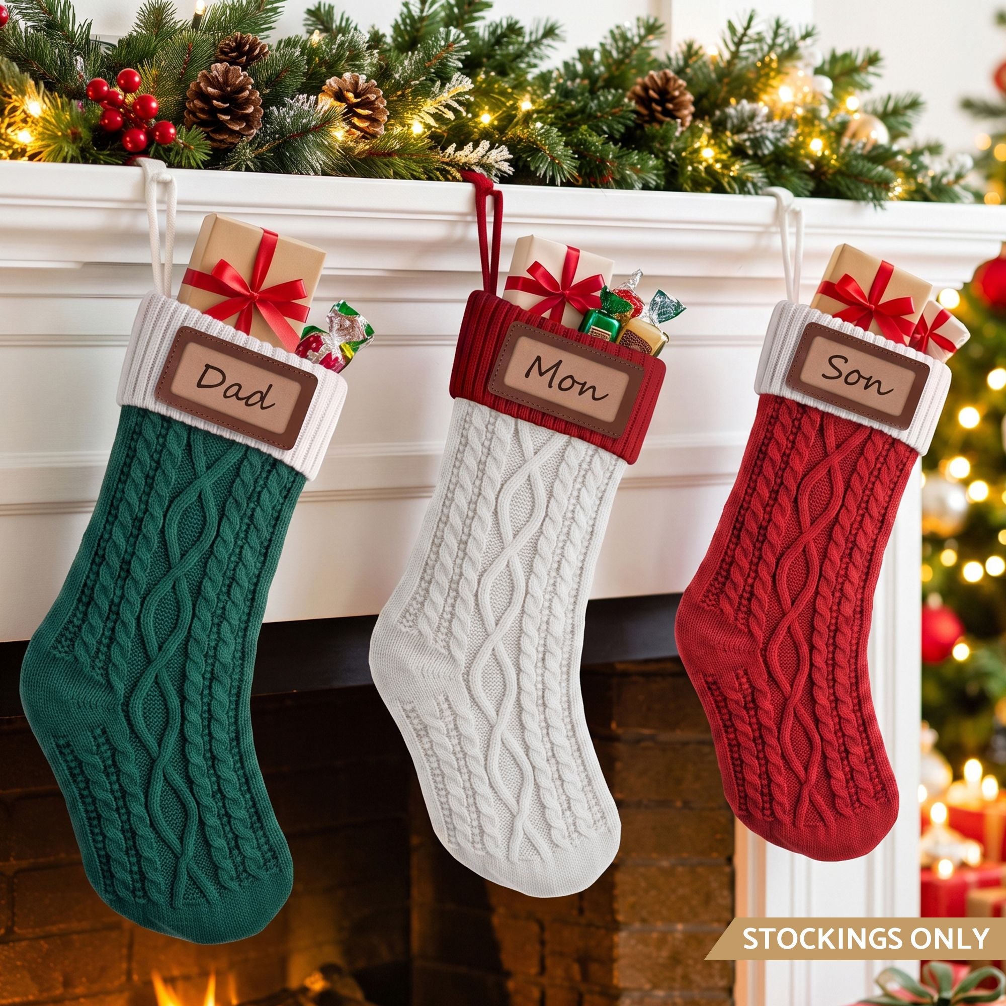 3PC Knitted Christmas Stockings with Name Patches
