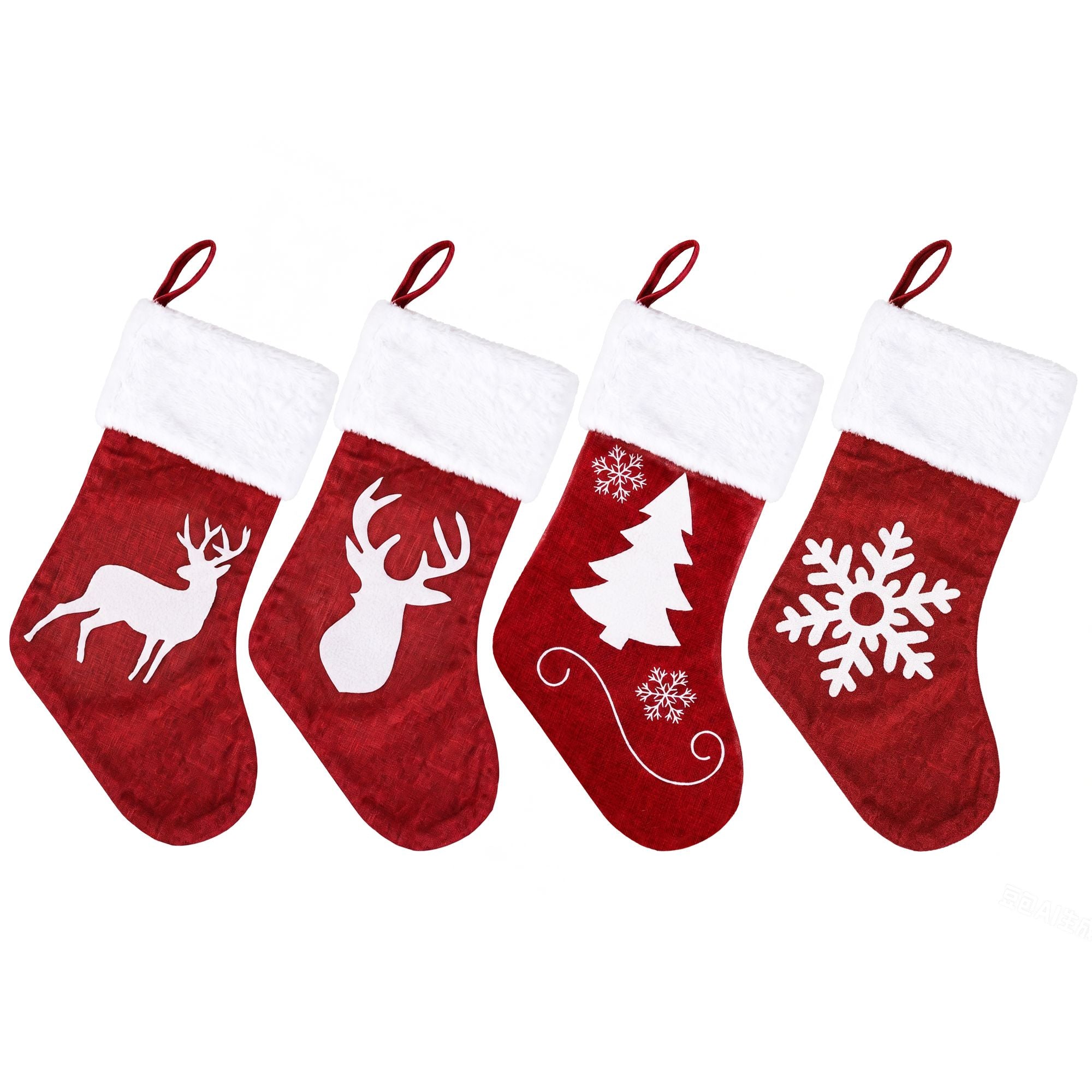 4PC Velvet Christmas Stockings - Red & White