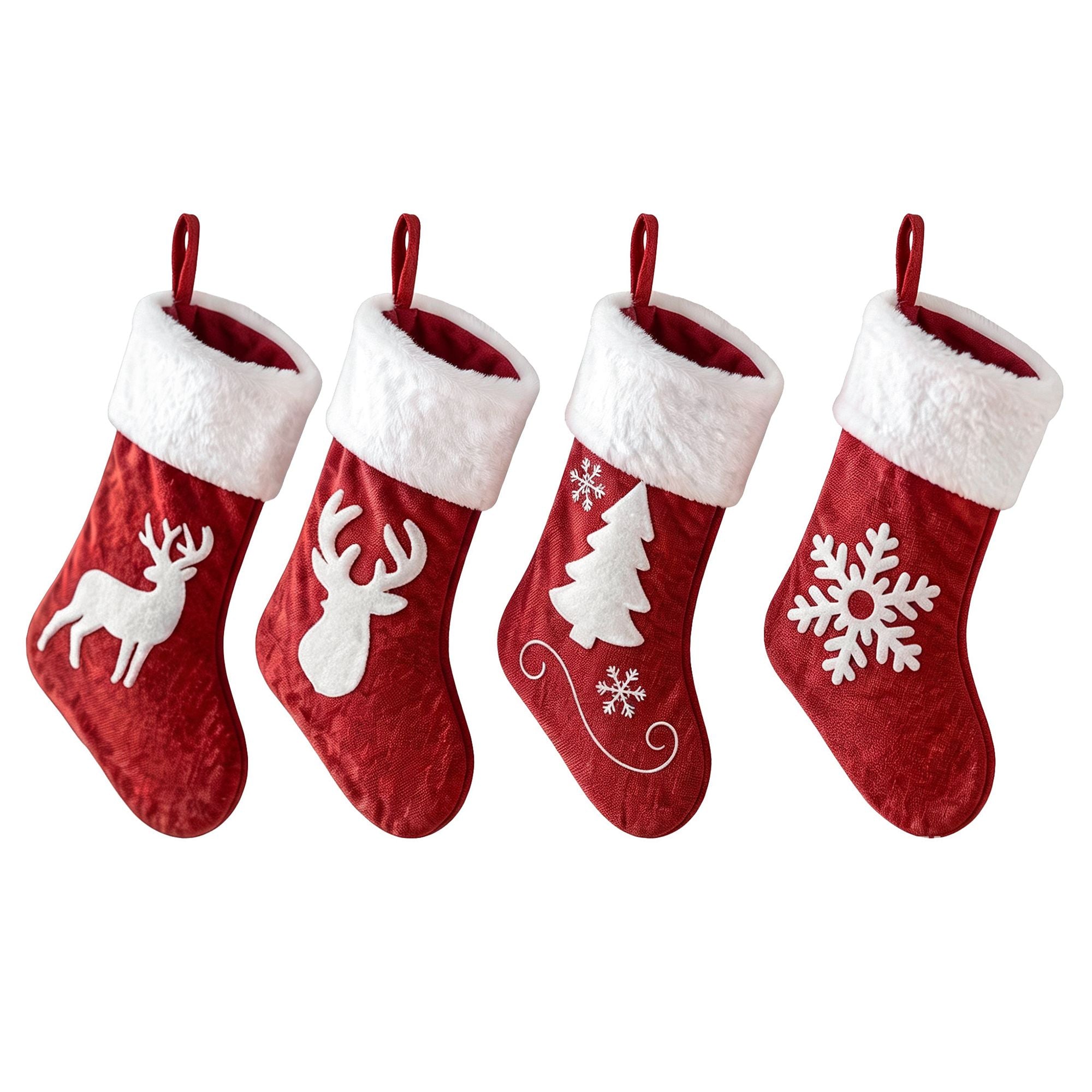 4PC Velvet Christmas Stockings - Red & White