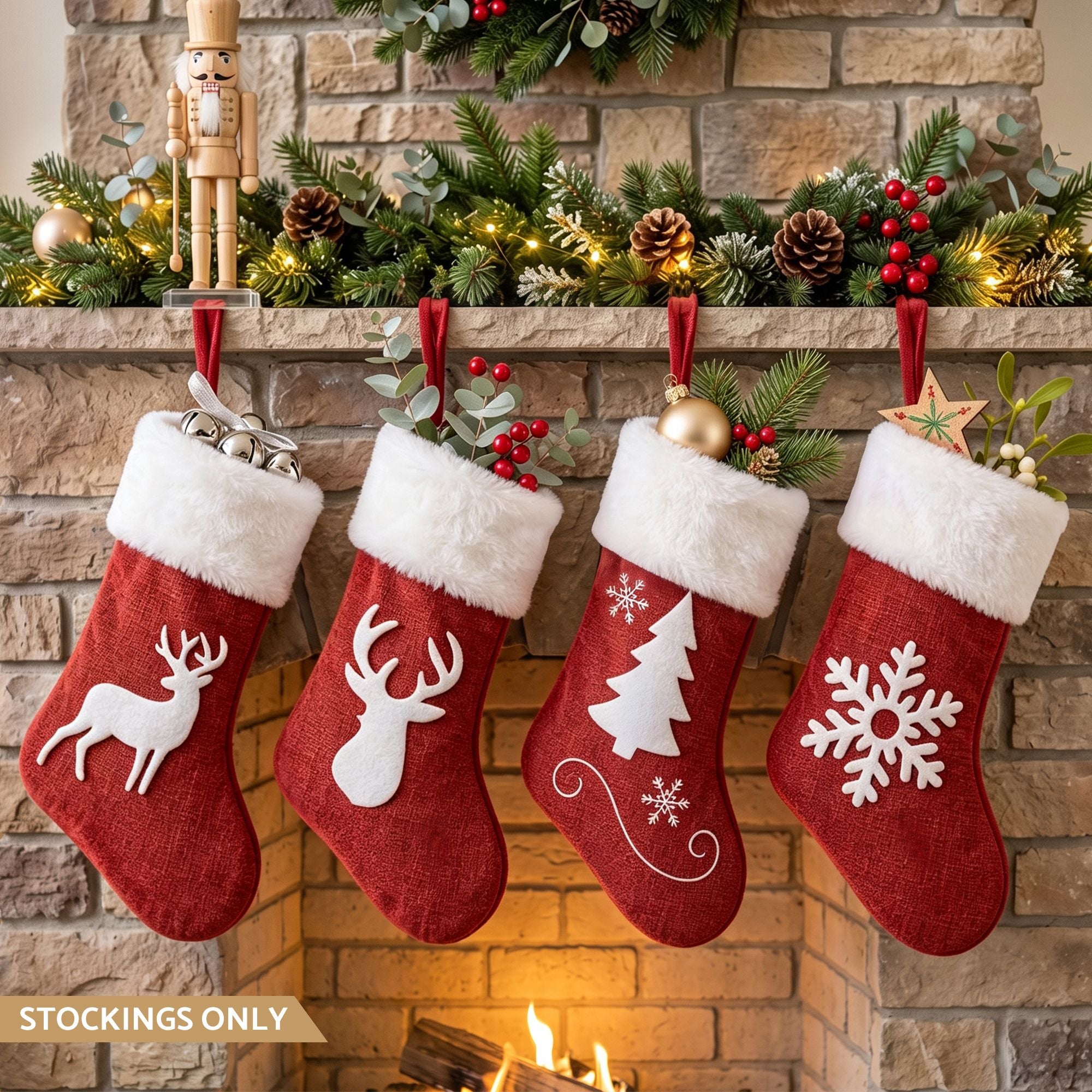 4PC Velvet Christmas Stockings - Red & White