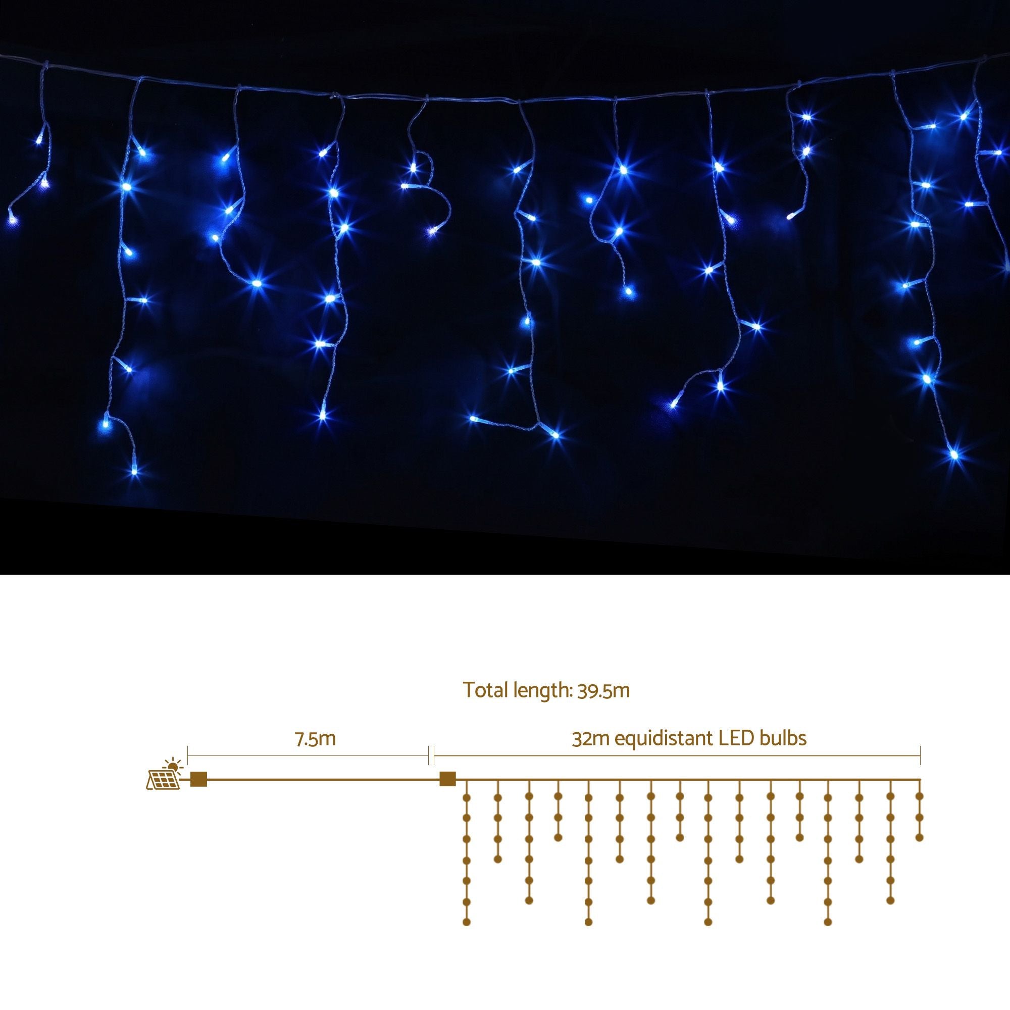 32m Solar Icicle Christmas Lights 960 LED - Blue