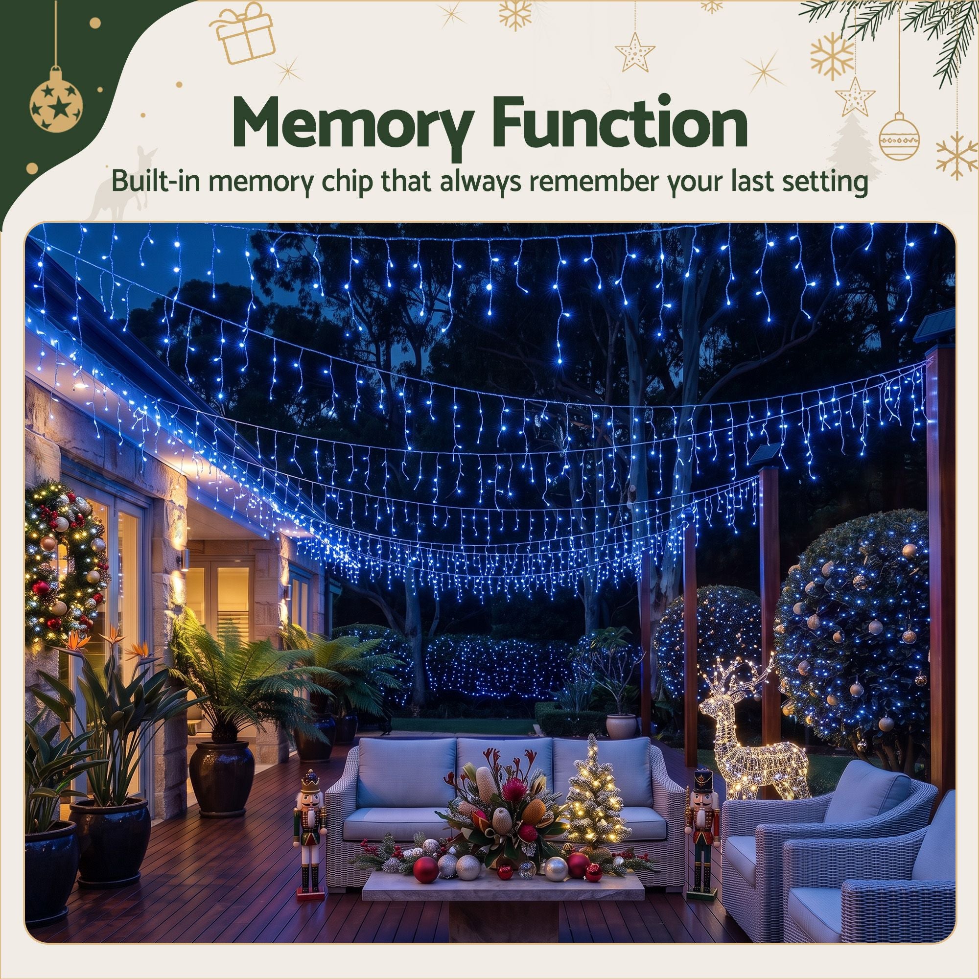 32m Solar Icicle Christmas Lights 960 LED - Blue