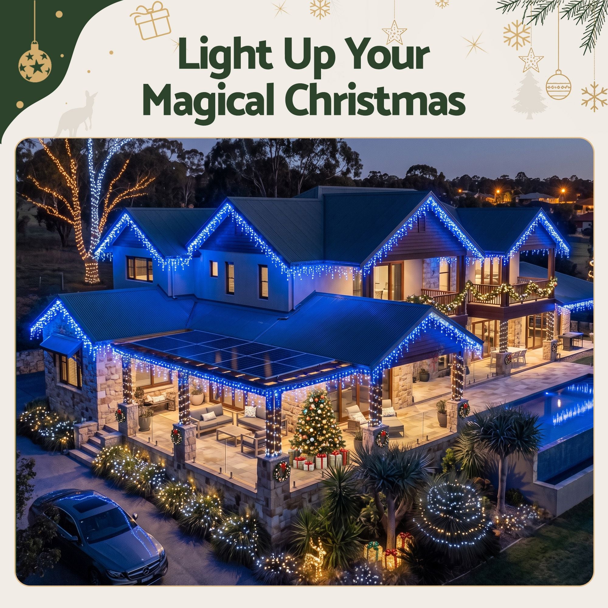 32m Solar Icicle Christmas Lights 960 LED - Blue