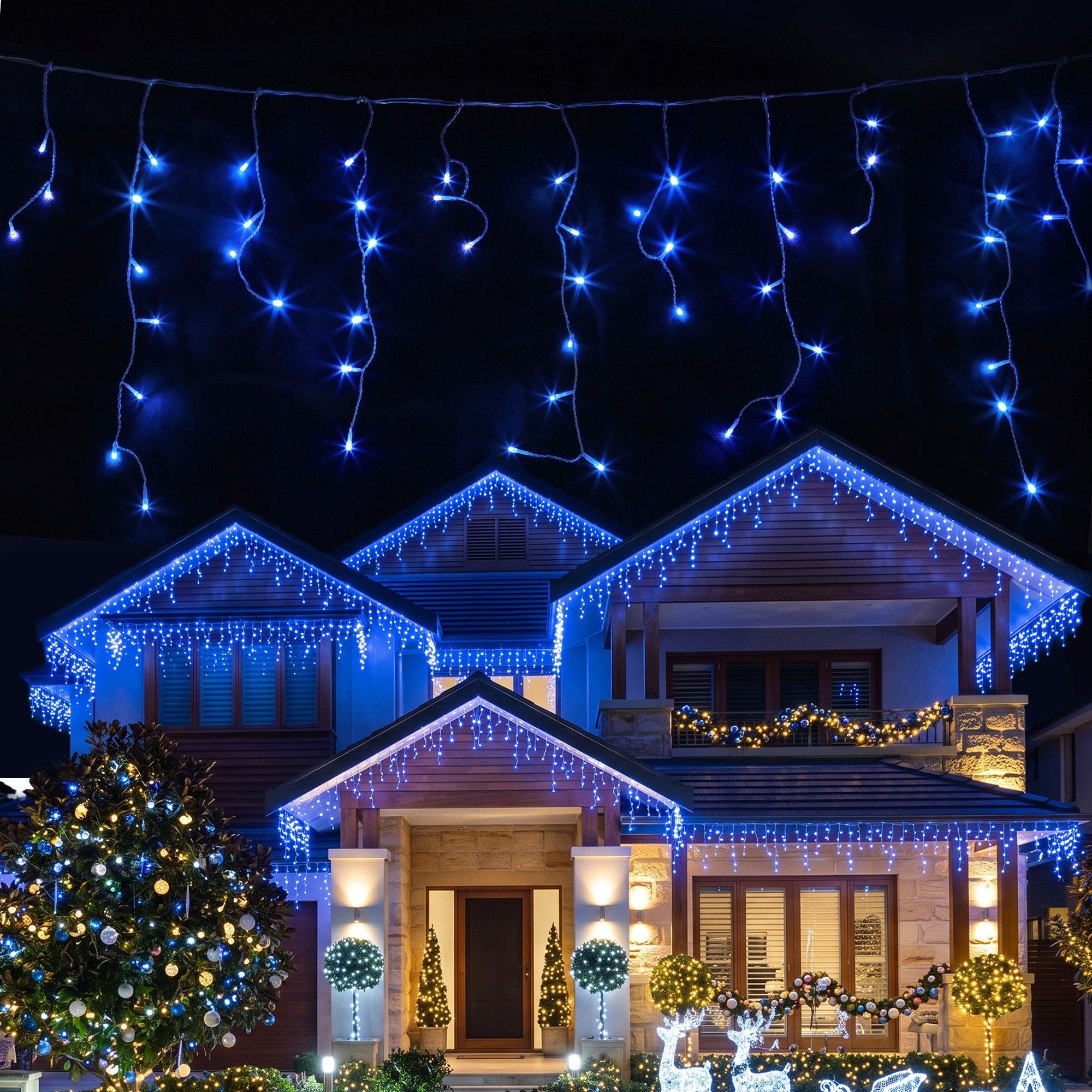 32m Solar Icicle Christmas Lights 960 LED - Blue