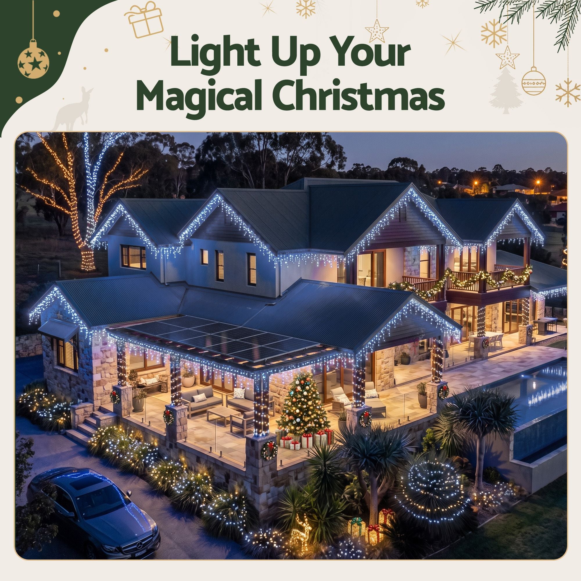 32m Solar Icicle Christmas Lights 960 LED - Cool White