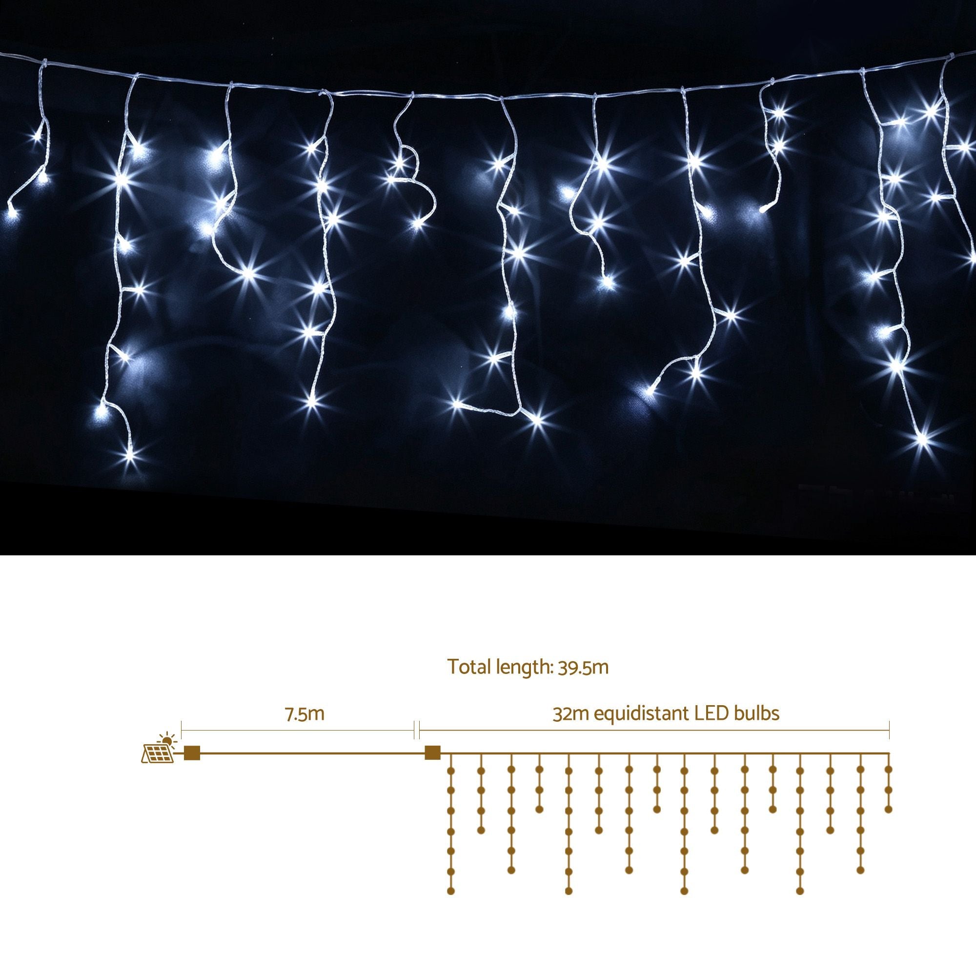 32m Solar Icicle Christmas Lights 960 LED - Cool White