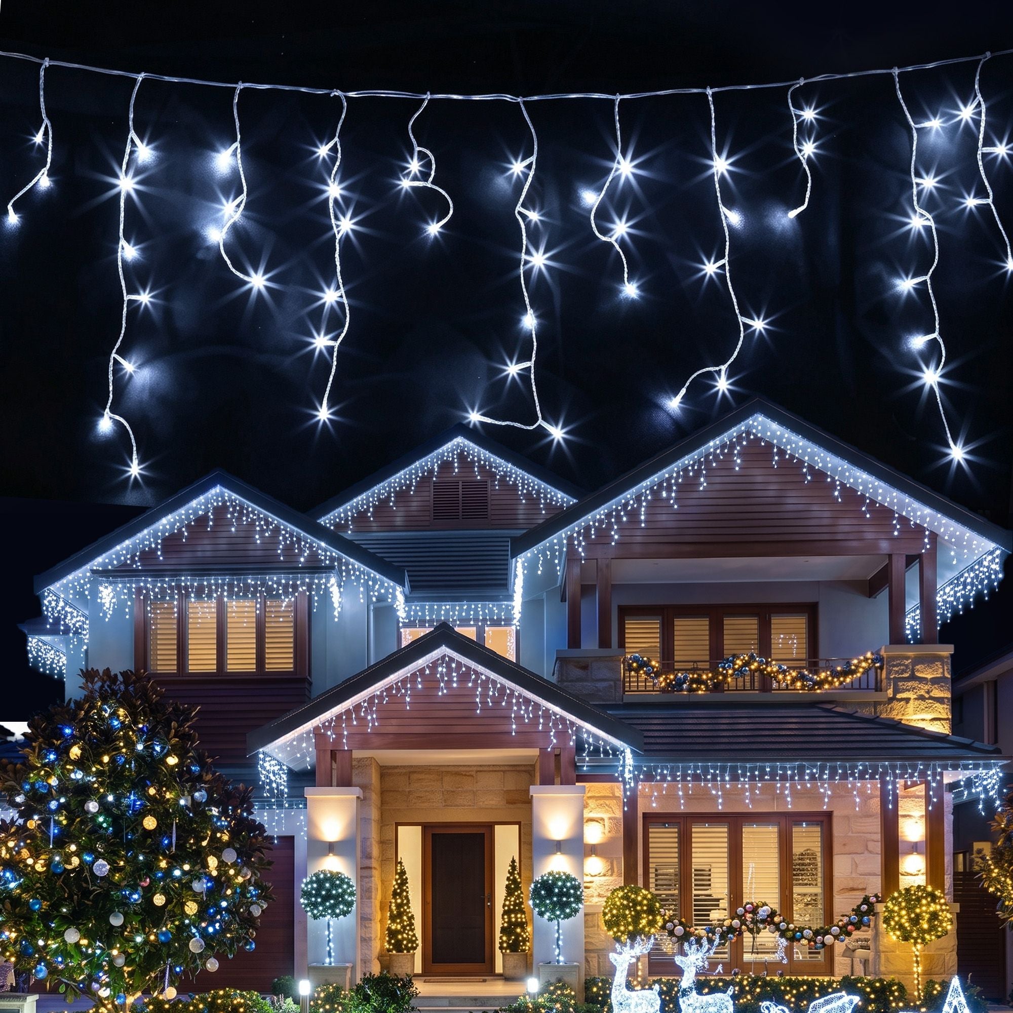 32m Solar Icicle Christmas Lights 960 LED - Cool White