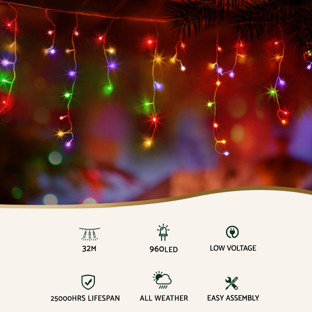 32m Christmas Icicle Lights 960 LED - Multicolour - Homecoze