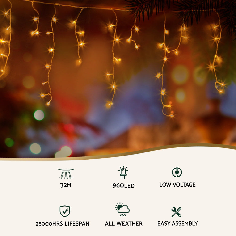 32m Christmas Icicle Lights 960 LED - Warm White - Homecoze
