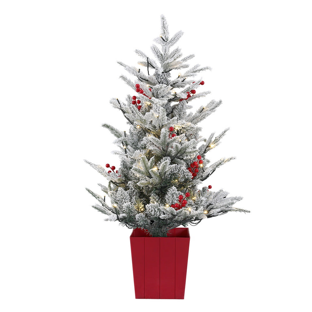 Jingle Jollys Christmas Tree 1M LED Potted Xmas Party Decor Red Barries Flocked - Homecoze
