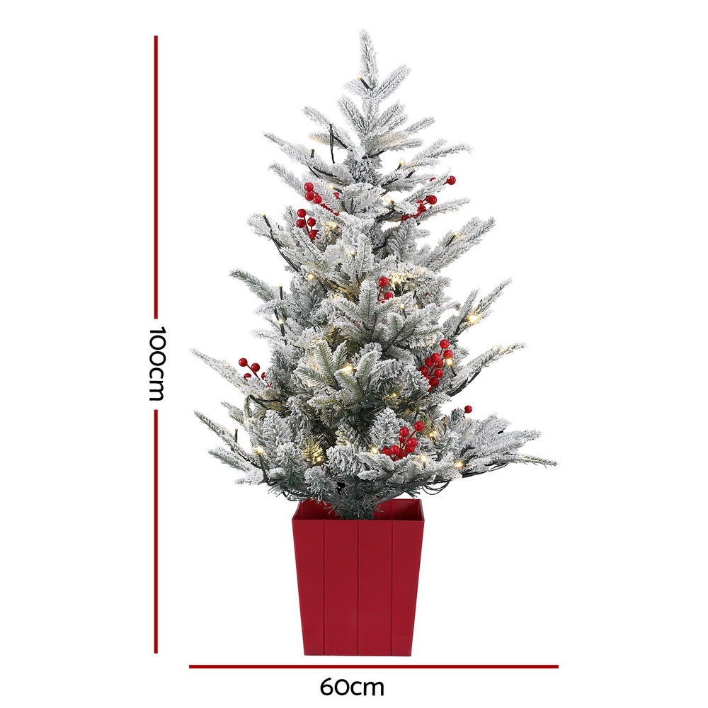 Jingle Jollys Christmas Tree 1M LED Potted Xmas Party Decor Red Barries Flocked - Homecoze