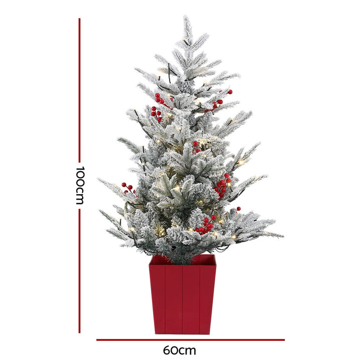 Jingle Jollys Christmas Tree 1M LED Potted Xmas Party Decor Red Barries Flocked - Homecoze