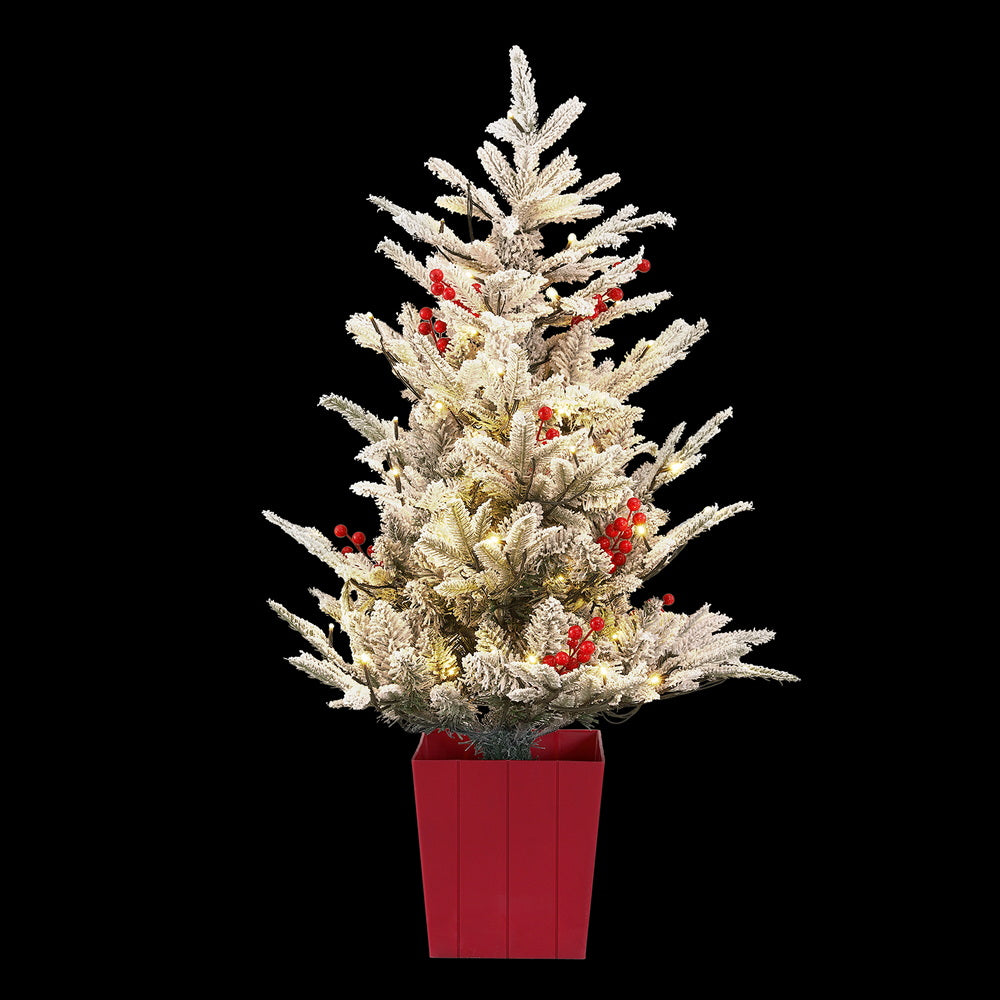 Jingle Jollys Christmas Tree 1M LED Potted Xmas Party Decor Red Barries Flocked - Homecoze
