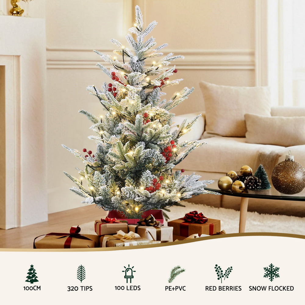 Jingle Jollys Christmas Tree 1M LED Potted Xmas Party Decor Red Barries Flocked - Homecoze