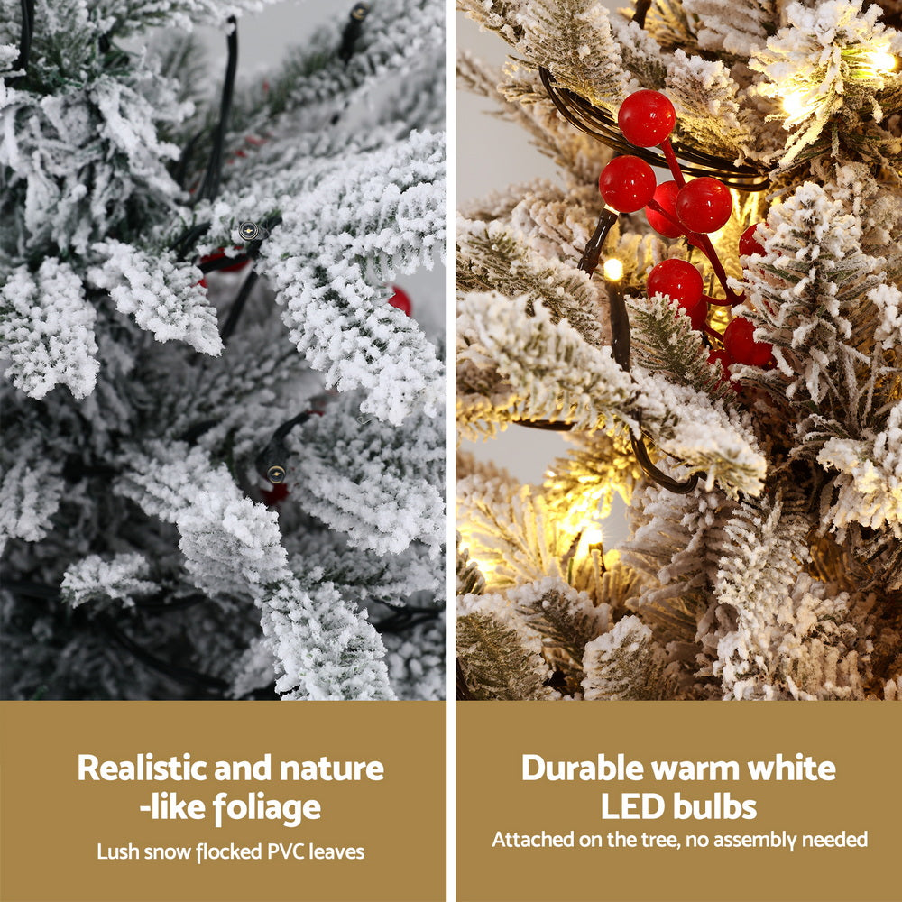 Jingle Jollys Christmas Tree 1M LED Potted Xmas Party Decor Red Barries Flocked - Homecoze