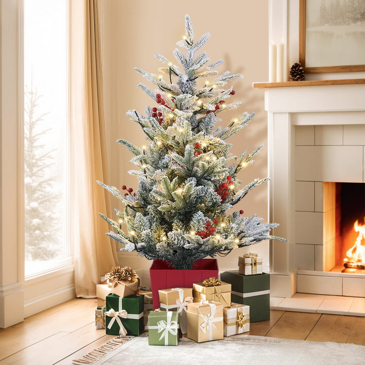 Jingle Jollys Christmas Tree 1M LED Potted Xmas Party Decor Red Barries Flocked - Homecoze