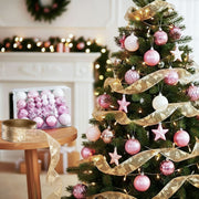 34PC Christmas Tree Bauble Decorations & Ribbon Set - Pink