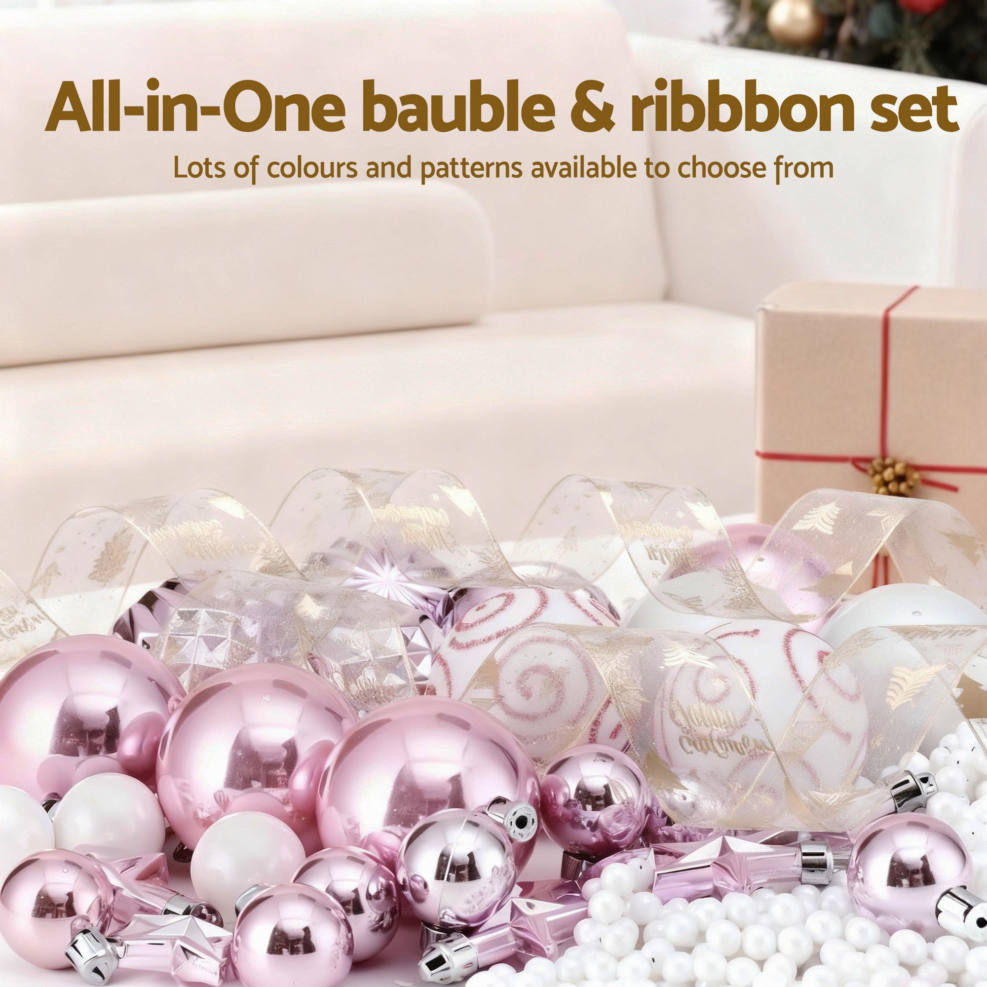 34PC Christmas Tree Bauble Decorations & Ribbon Set - Pink
