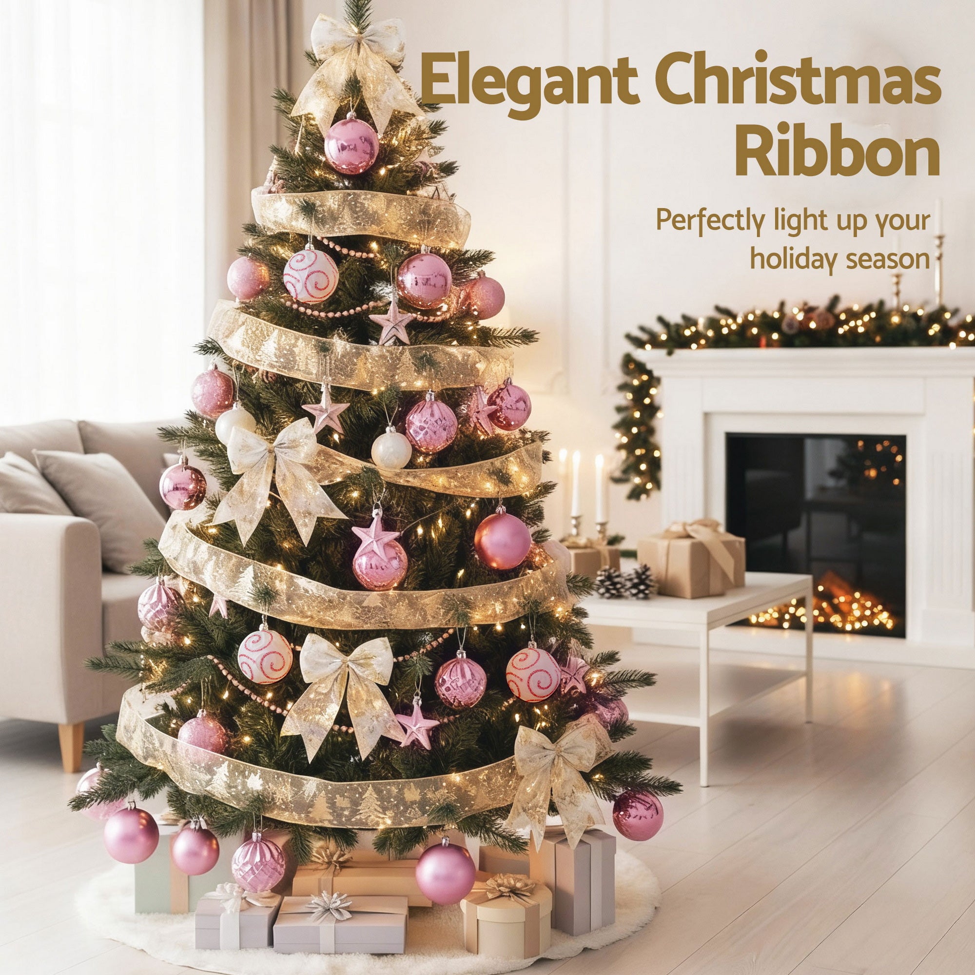 34PC Christmas Tree Bauble Decorations & Ribbon Set - Pink