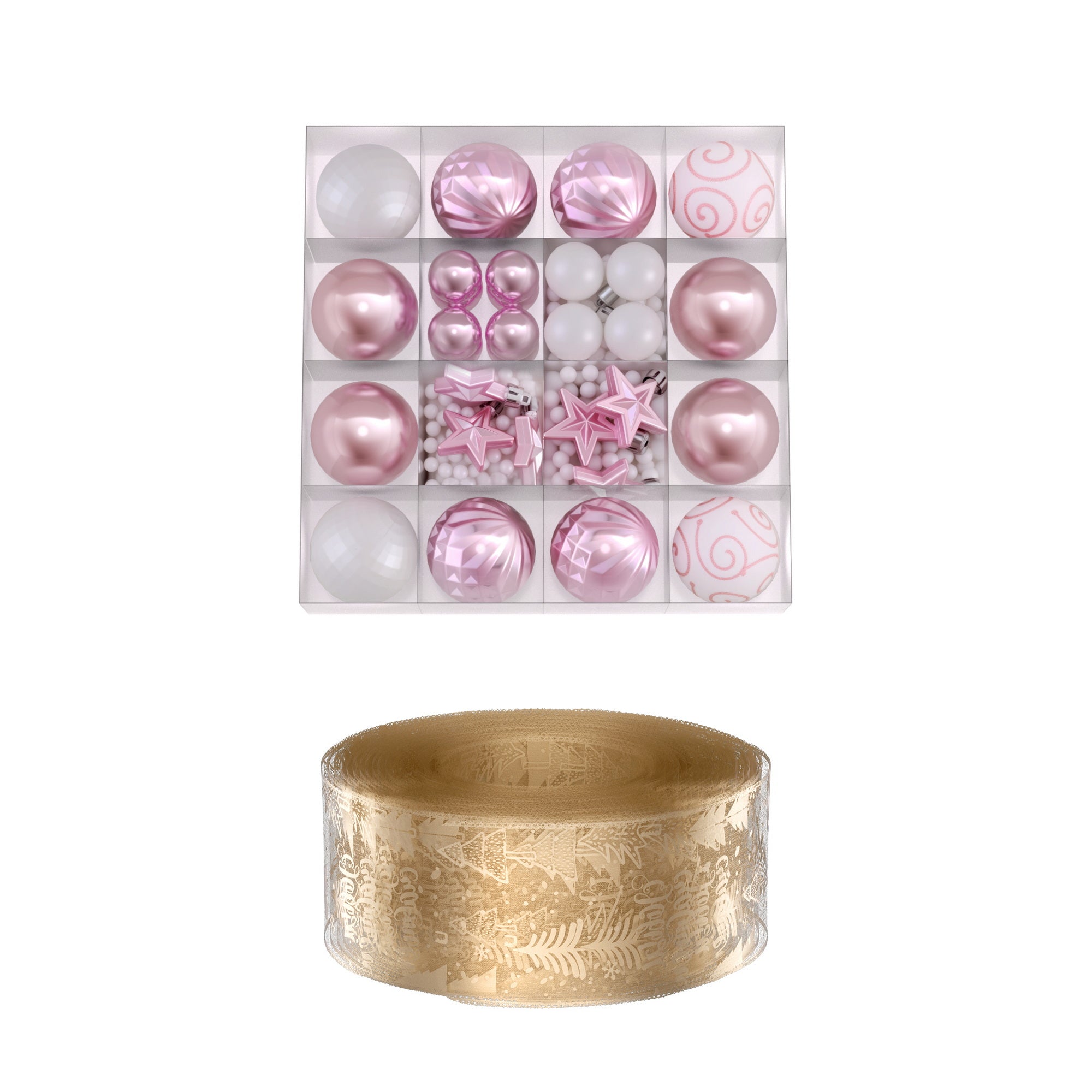 34PC Christmas Tree Bauble Decorations & Ribbon Set - Pink