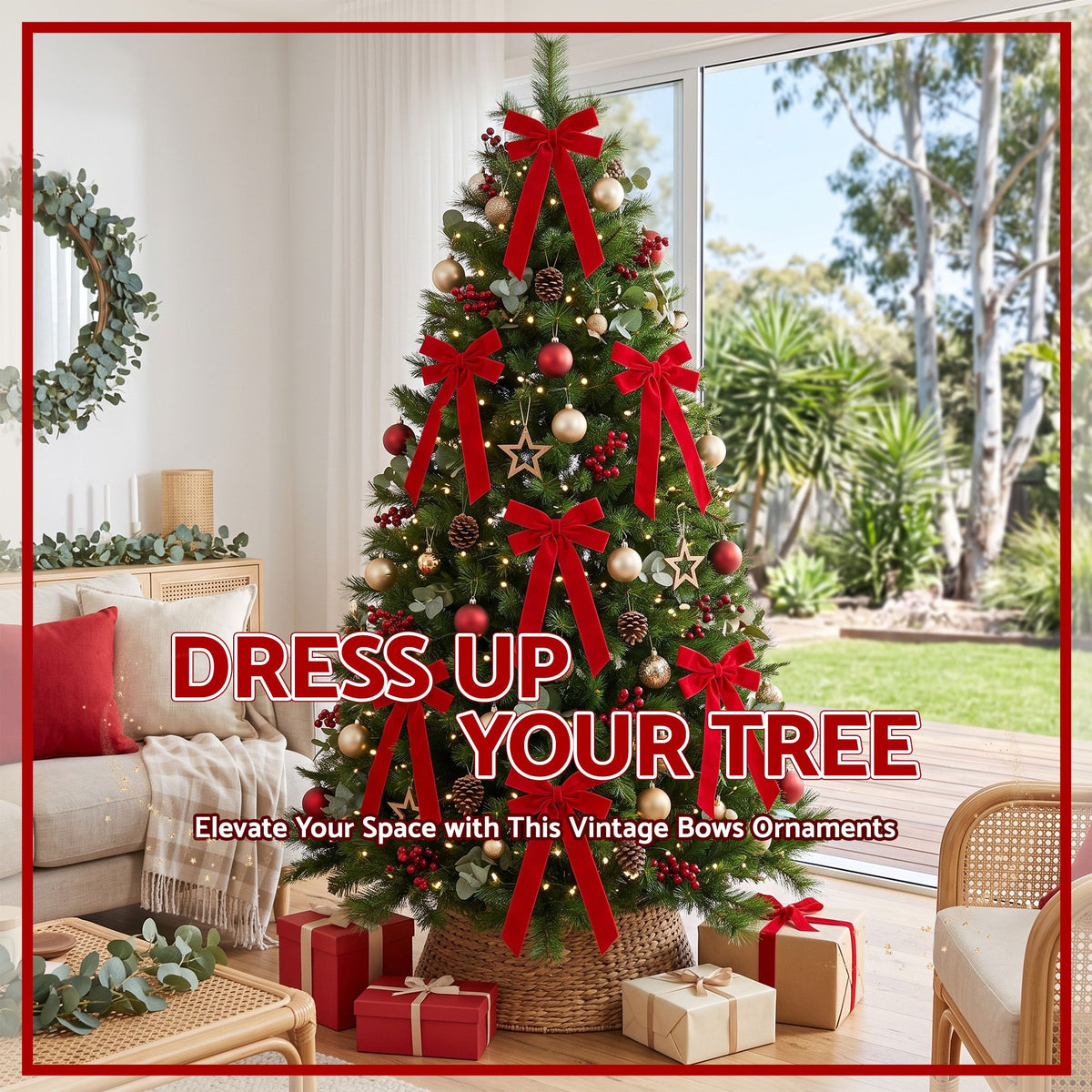 12PC Velvet Christmas Tree Bow Set - Red