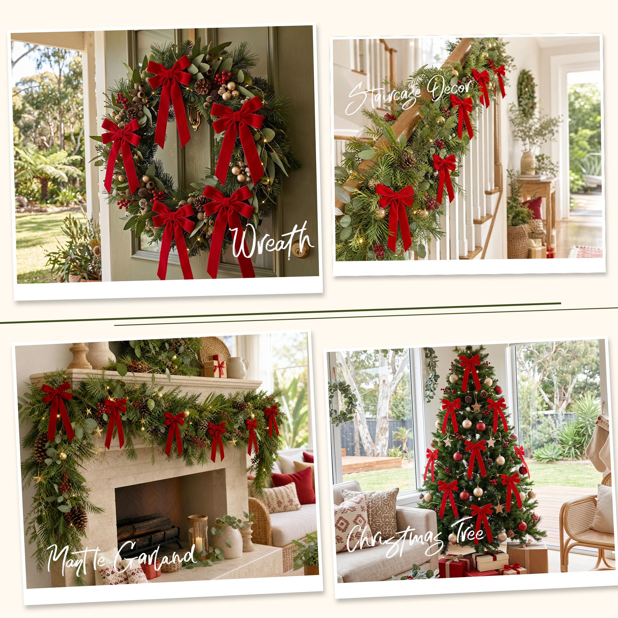 12PC Velvet Christmas Tree Bow Set - Red