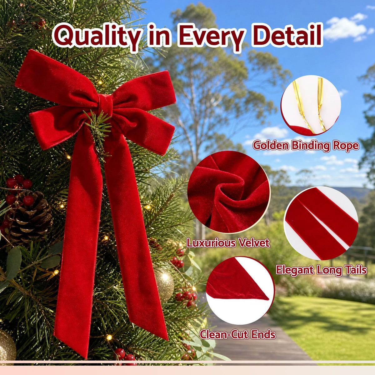 12PC Velvet Christmas Tree Bow Set - Red