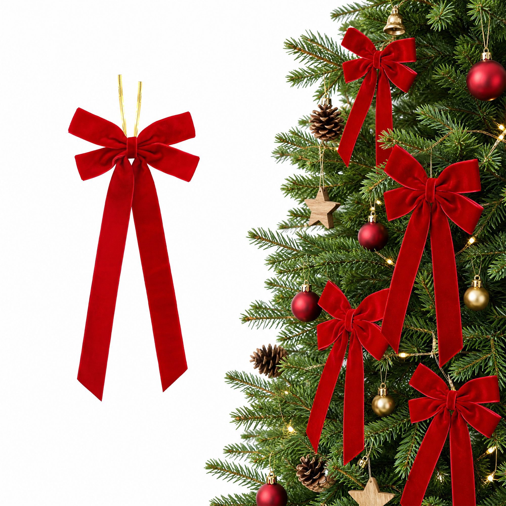 12PC Velvet Christmas Tree Bow Set - Red