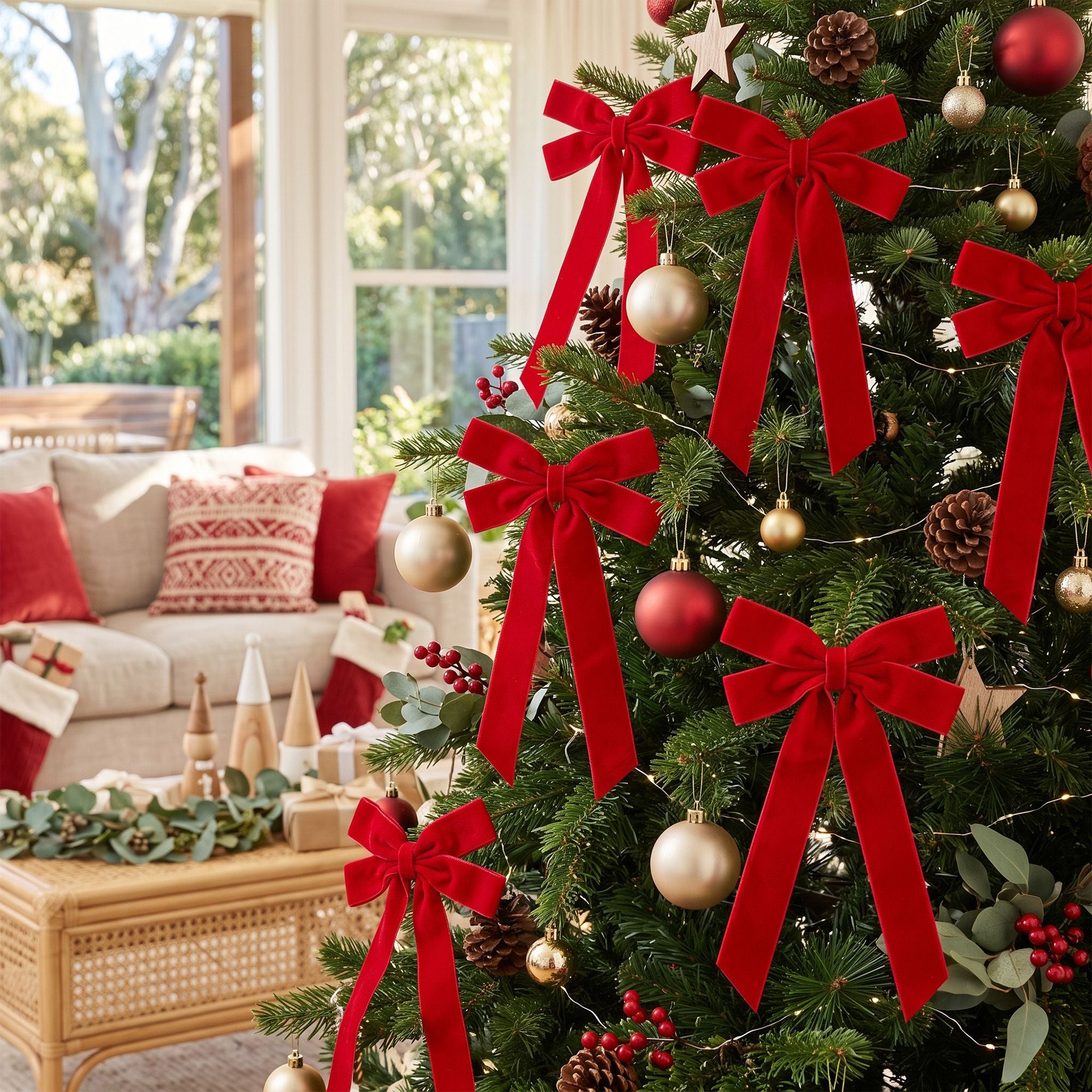 12PC Velvet Christmas Tree Bow Set - Red