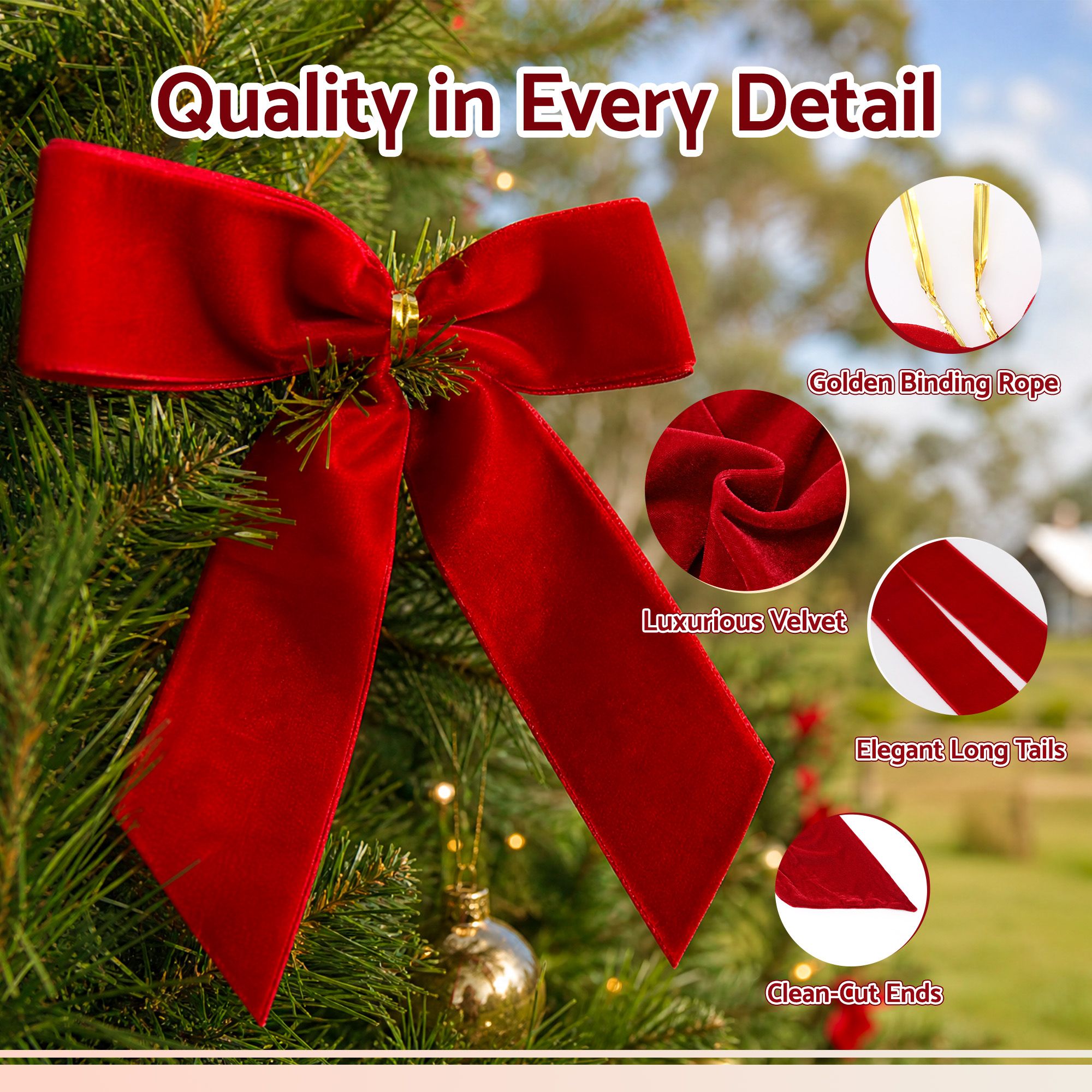 24PC Velvet Christmas Tree Bow Set - Red
